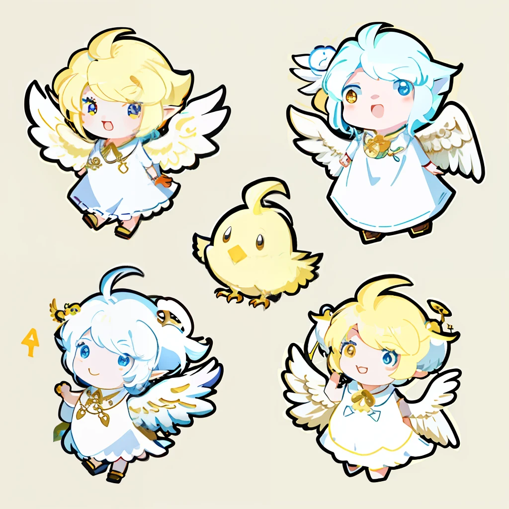 Cartoon yellow chicken with wings，Bird in dress, birb, anthropomorphized chicken, angel themed, character art of maple story, Li Longfu, cherub, the elf, Angels, cherubic, angel themed, seraphim，simple line，cartoony，stickfigure，، simple