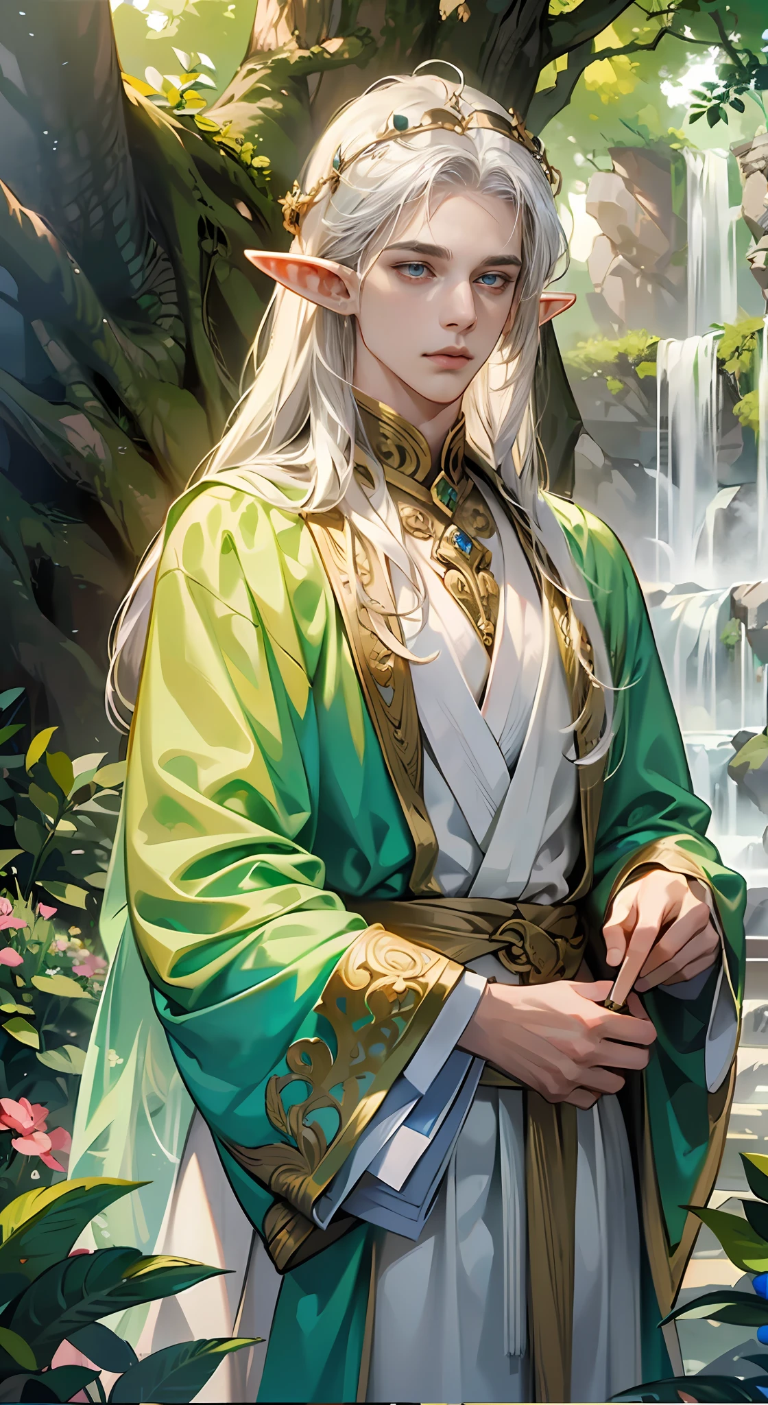 (tmasterpiece, high resolution, ultra - detailed:1.0), (1 boy, young male), eyes looking at camera, perfect male body, (Elf King:1.3), adult Male, delicate eyes and delicate face, extremely detailed CG, 8k wallpaper, complicated details, solo person, detailed face,(handsome face, sliver long hair, white silk robe, jewelry, Elf crown, show forehead), forest, elf costumes, flowers and trees, waterfallr, natural light and shadow, color difference, depth of field, dramatic shadow, ray tracing, best quality, cinematic lighting, offcial art, portrait