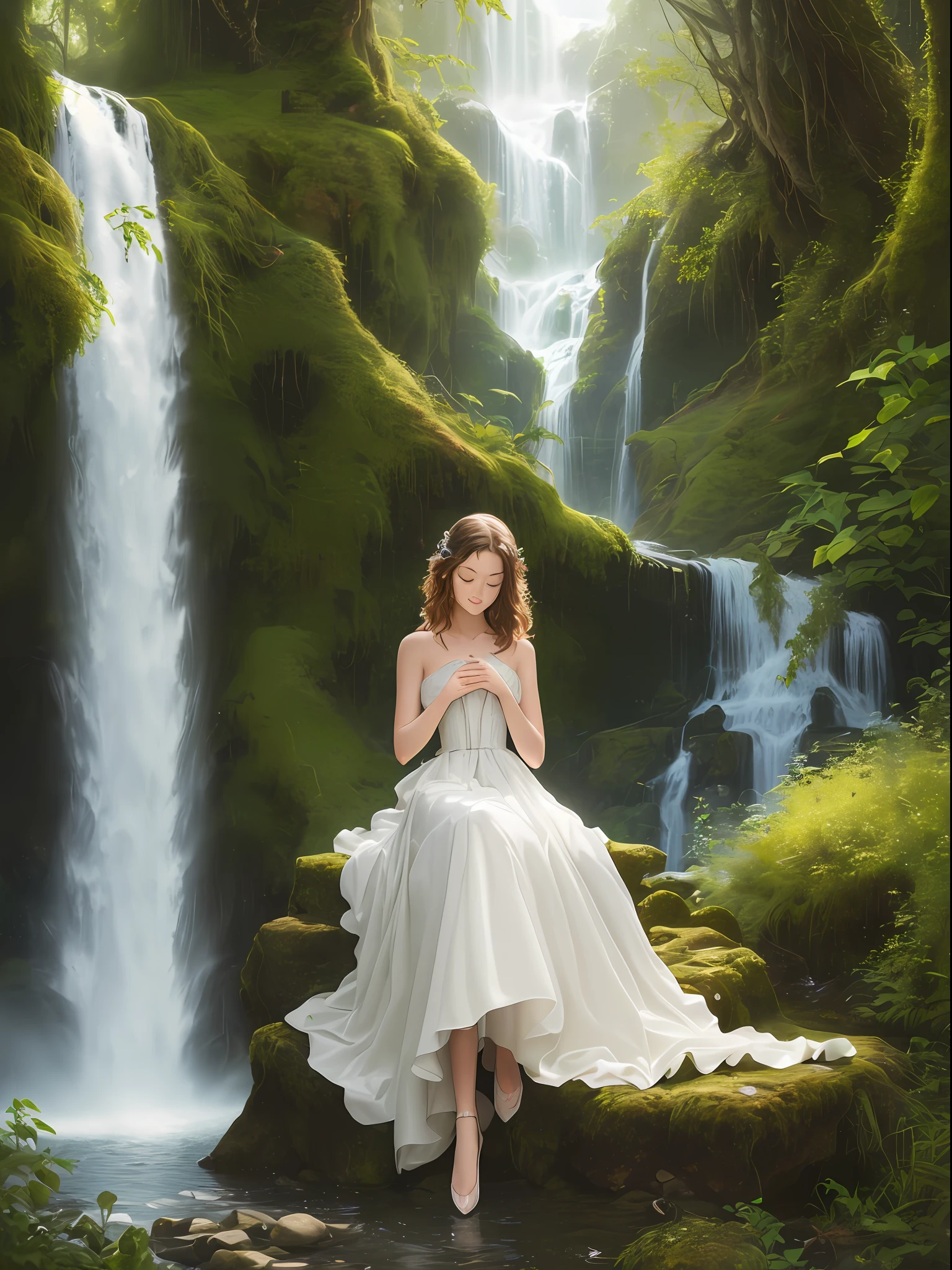 A girl made of natural elements, Waterfall Hair, Creepers from the shoulders, Dress made of plants, dream, He sits with his knees pressed to his chest and clasped in his hands, Eyes closed, A slight smile, hiquality, Detailed study