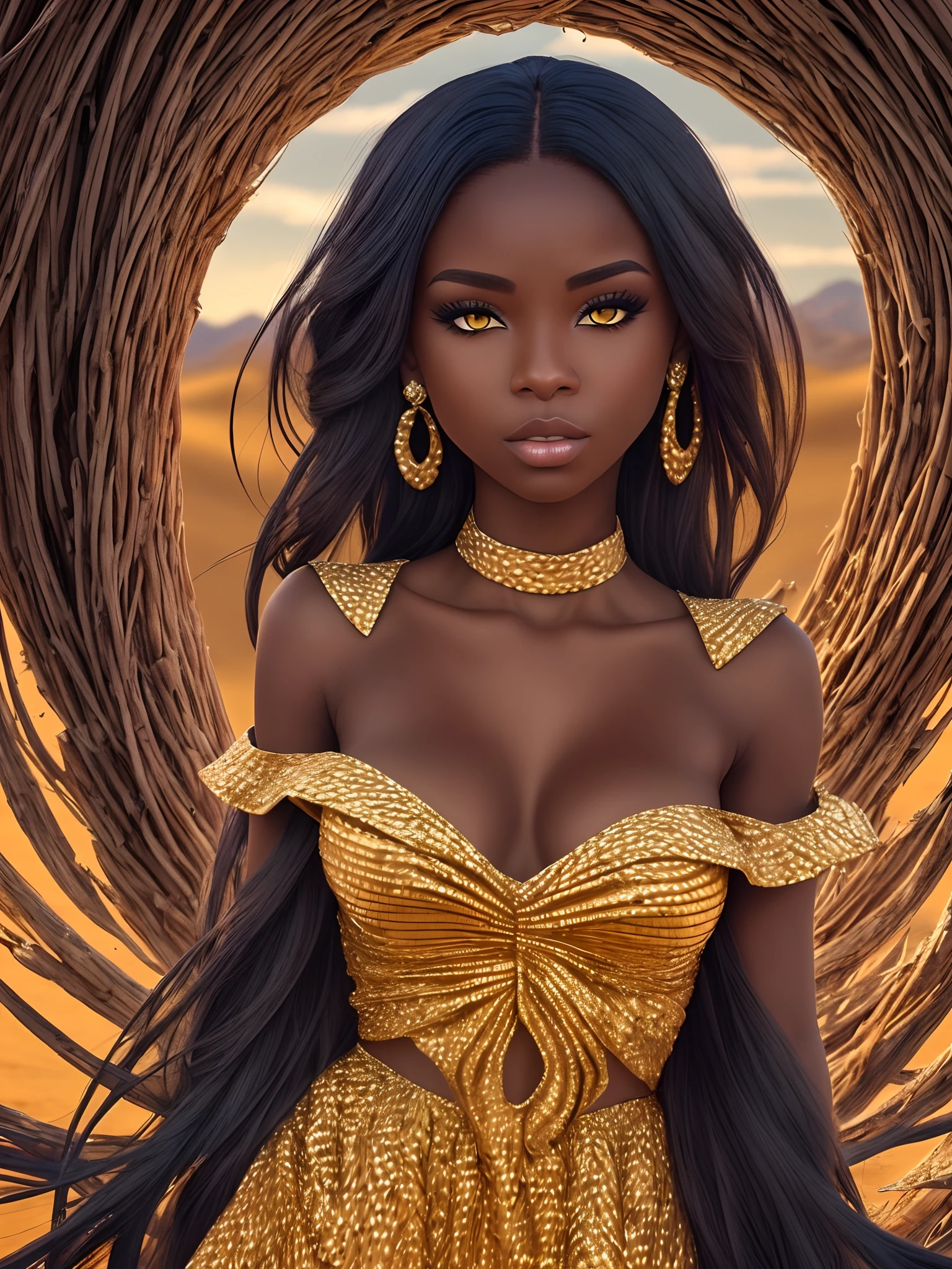 desert, Phoenix, female, dark skin, golden eyes, blue dress --auto --s2