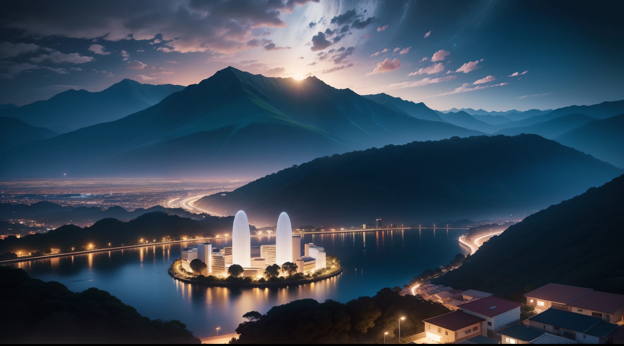 um ceu com lua e uma paisagem de tirar o folego a noite
