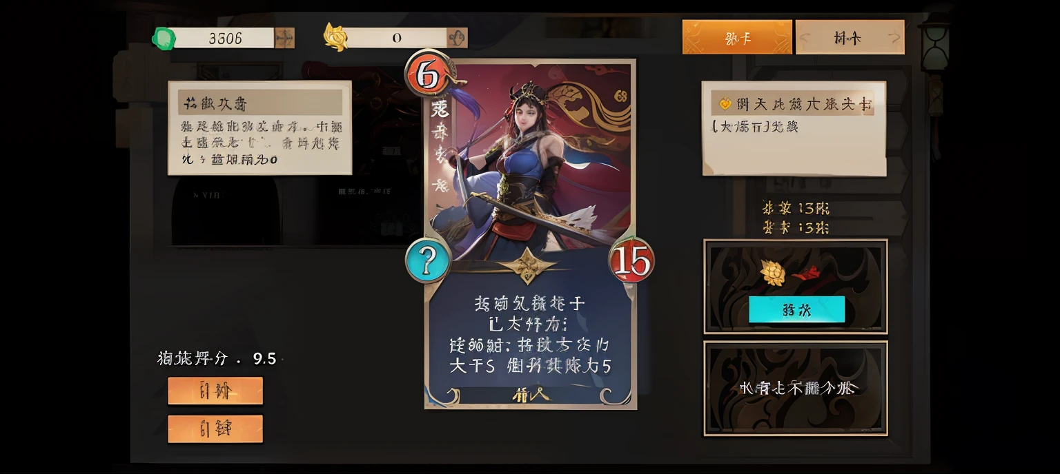 Close-up of card game screenshot, ui card, xianxia hero, onmyoji, Game UI, shadowverse style, game ui, front game card, Onmyoji detailed art, game footage, chinese three kingdoms, inspired by Park Hua, inspired by Li Kan, ability image, bian lian, trading card game