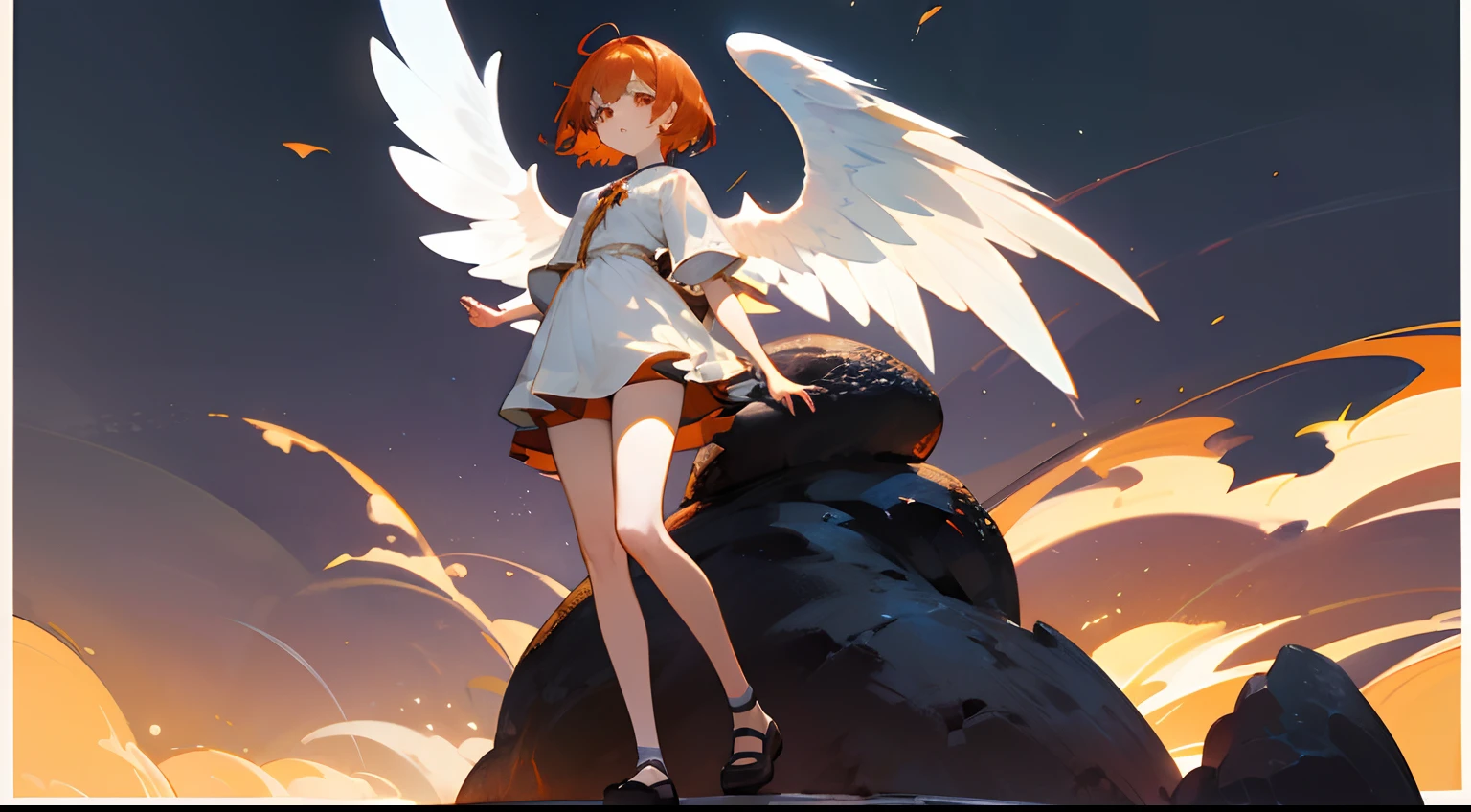 top-quality、hight resolution、detaileds、beautiful Girl、White sheer clothes、volcanoes、Bright orange medium hair、Angel wings、Stand on a rock、lava、a short skirt、