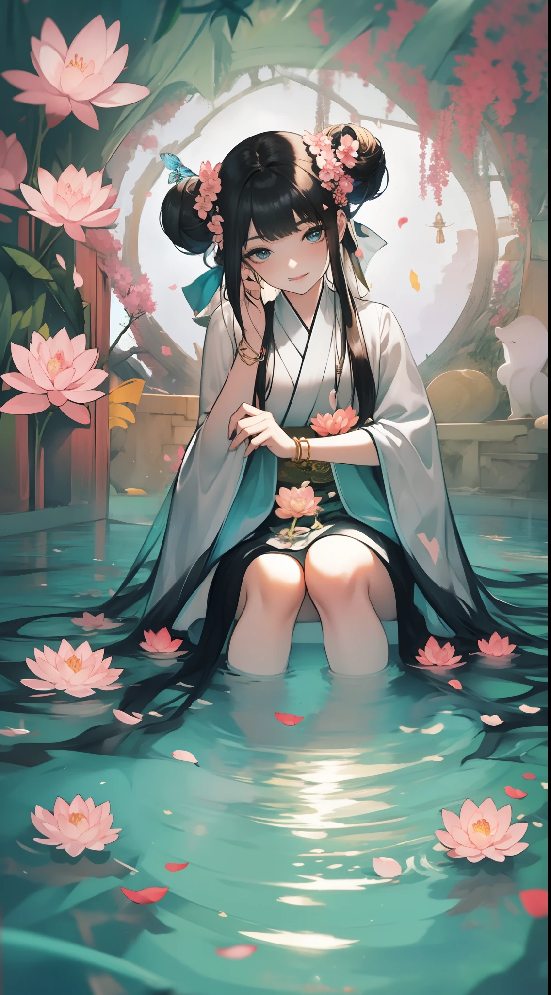 (black hair), Gorgeous Hanfu, (wide sleeves: 1.5), (cute face), delicate muscle lines, beautiful hands, (1girl:1.2), (bun, fringe, hairpin), ( extremely detailed eyes and face), long hair, detailed,(detailed beautiful lotus pond with petal:1.1),flower,butterfly,necklace,smile,petal,(silver bracelet), (surrounded by heavy floating petal flow:1.3),fisheyes view,from below,Aerial view,clear water,an amazing sci - fi bow