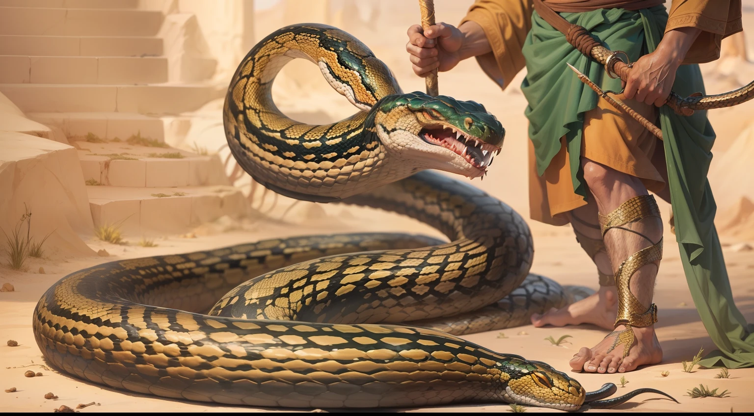 Focus and closeup of a man standing on the head of a snake, with feet crushing the head of a snake, the snake has 2 fangs dripping venom, foco no homem matando a cobra, an amalgam of a naja, naja, anaconda, arte da naja, epic biblical representation, cobra do deserto, Man killing snake with his spear, o bem vencendo o mal, homem mata a cobra, Sticks the spear into the snake's head, realistic depiction of a venomous and traitorous snake, foco no homem vencendo a luta contra a cobra, um homem guerreiro Deus, Biblical representation