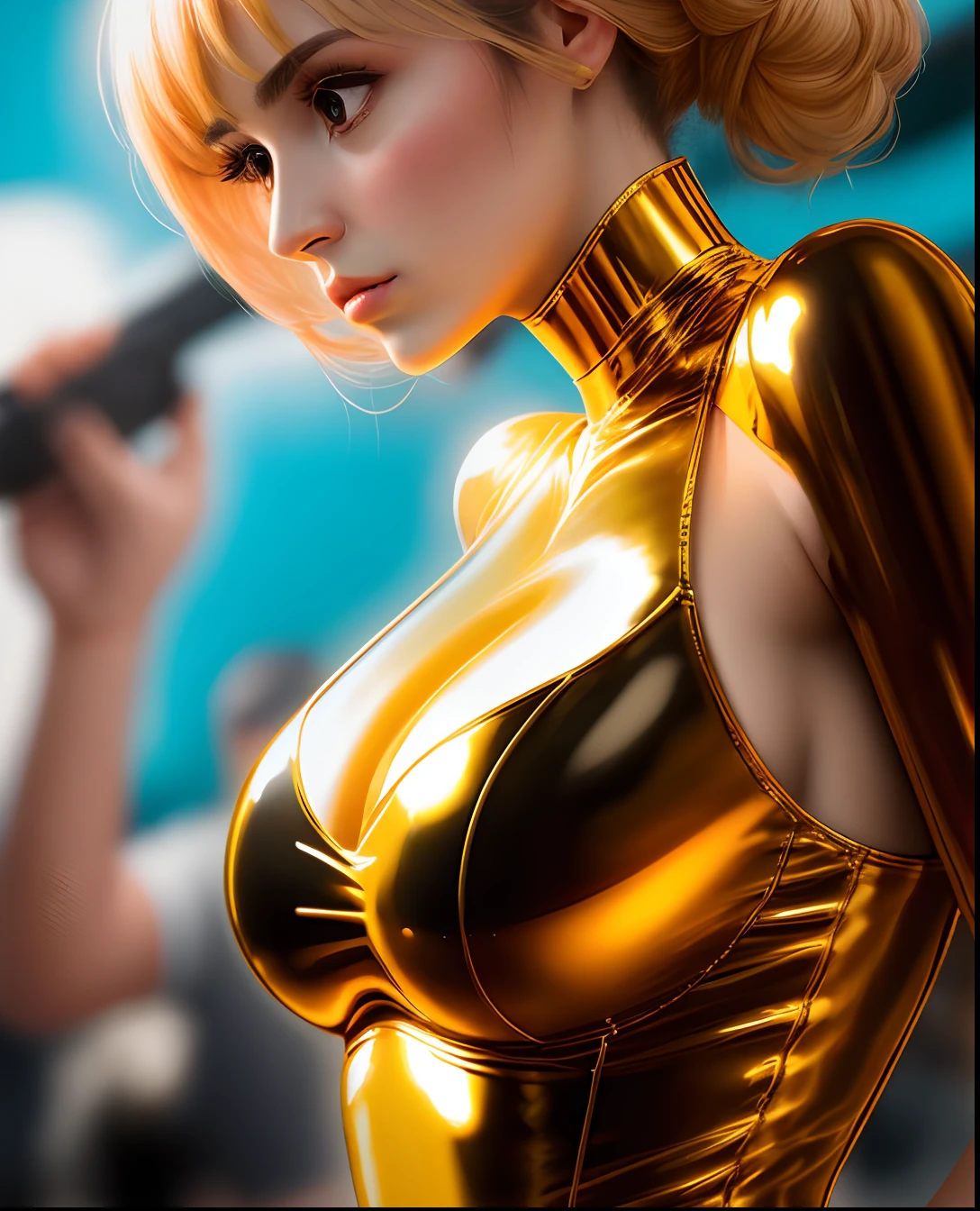 a person，Oil shiny，photorealestic，big breasts body，The color is monotonous，The action is pompous