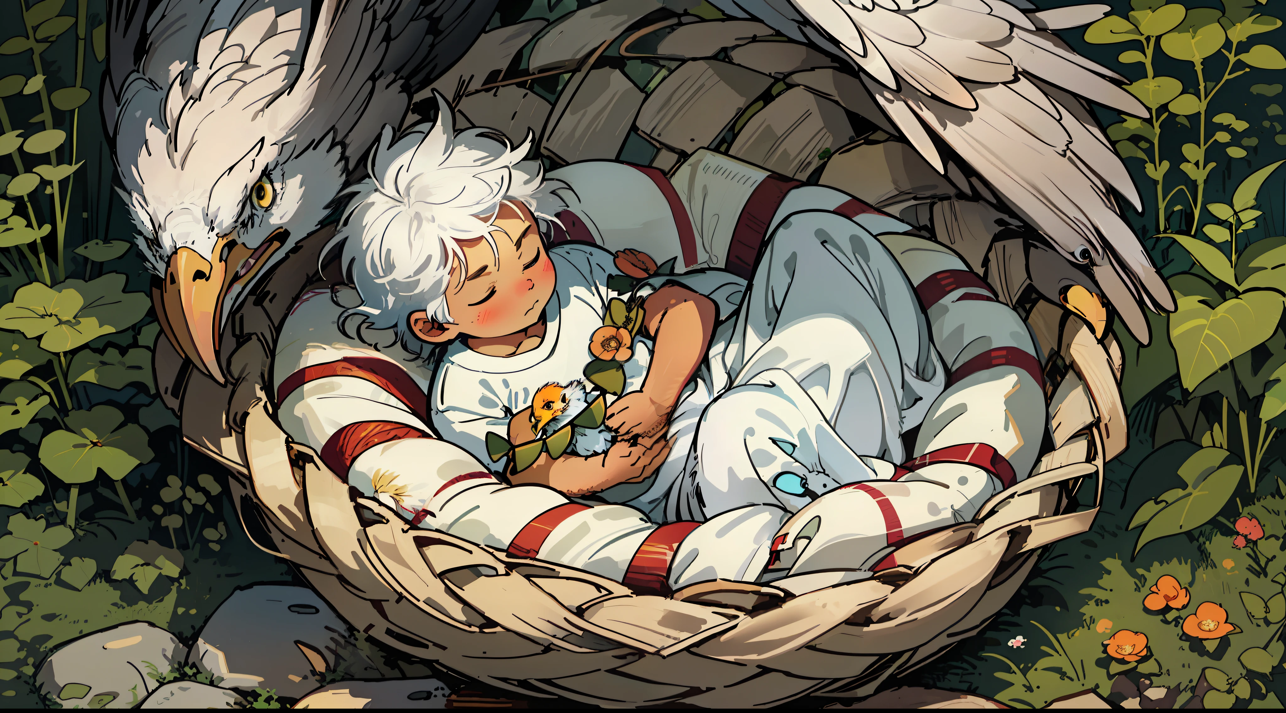 "Newborn baby with white hair peacefully nestled in a delicate wicker basket, accompanied by a majestic eagle with vibrant and enchanting plumage, gracefully perched on a rugged rock."