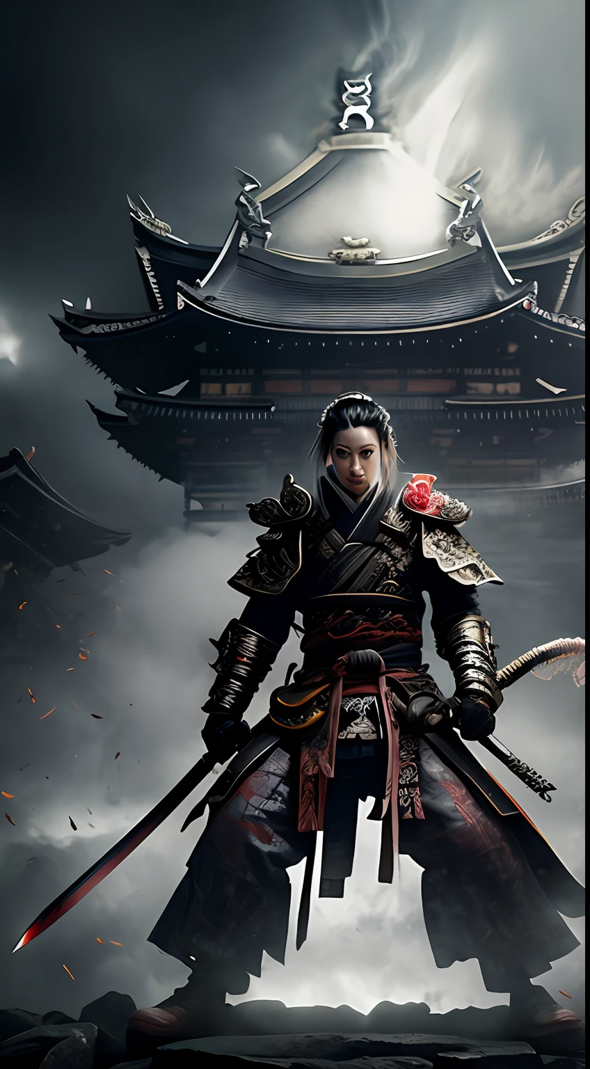 estampa para camiseta com uma samurai feminina manuseando uma katana ao fundo o templo dourado de kyoto, light cannons and smoke effect,Arte Oficial, papel de parede 8k da unidade, Ultra Detalhado, handsome and aesthetic, obra-prima, melhor qualidade, (Arte Fractal: 1.3), extremamente detalhado, dinamic angle, um design brutalista, cores vivas, por james jean, Roby Dwi Antono, Tran Ross, Francisco Bacon, Michal Mraz, Adriano Ghenie, Petra Cortright, Gerhard Richter, Takato Yamamoto, Ashley Madeira, Atmospheric.