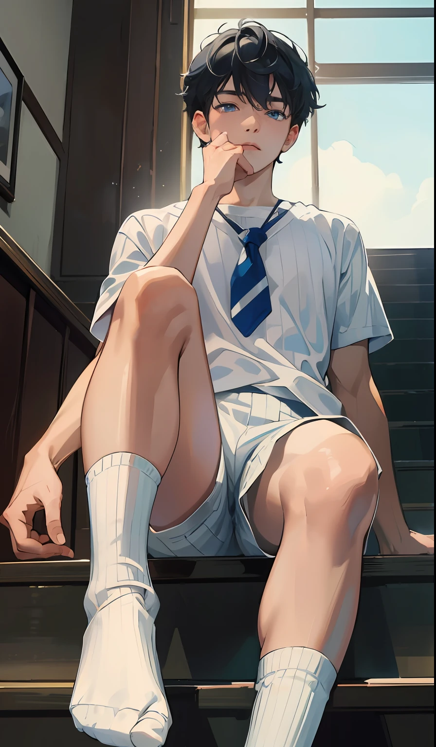 (absurderes, A high resolution, Ultra detailed),((Masterpiece)), ((Best quality:1.1)), high resolution, 8K,1boy, (Crotch bulge:1.1), shaded face, (White crew socks:1.1), (White ribbed socks:1.2), no-show socks, Invisible socks, Toes under socks, Shorts,Seamless socks, (puffynipple :0.8), (From below:1.1),
 Blue eyes, view the viewer, Short hair, Facial, hand on knee, athlete,
seat on school staircase steps,Anime style, Indoors,  look