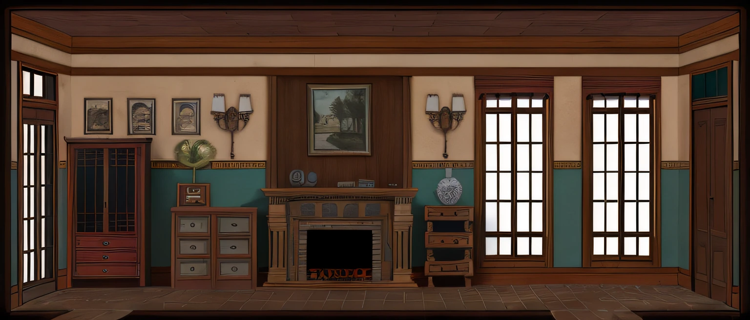 There was a room with a fireplace，There is a painting on the wall, interior background art, indoor background, house interior, 1 9 2 0 s room, victorian room, Fundo sala de estar, background art deco palace, personal room background, foreboding room, Living room, art nouveau environment, room of a dark mansion, Inspired by Luis Elhimius, fundo de casa