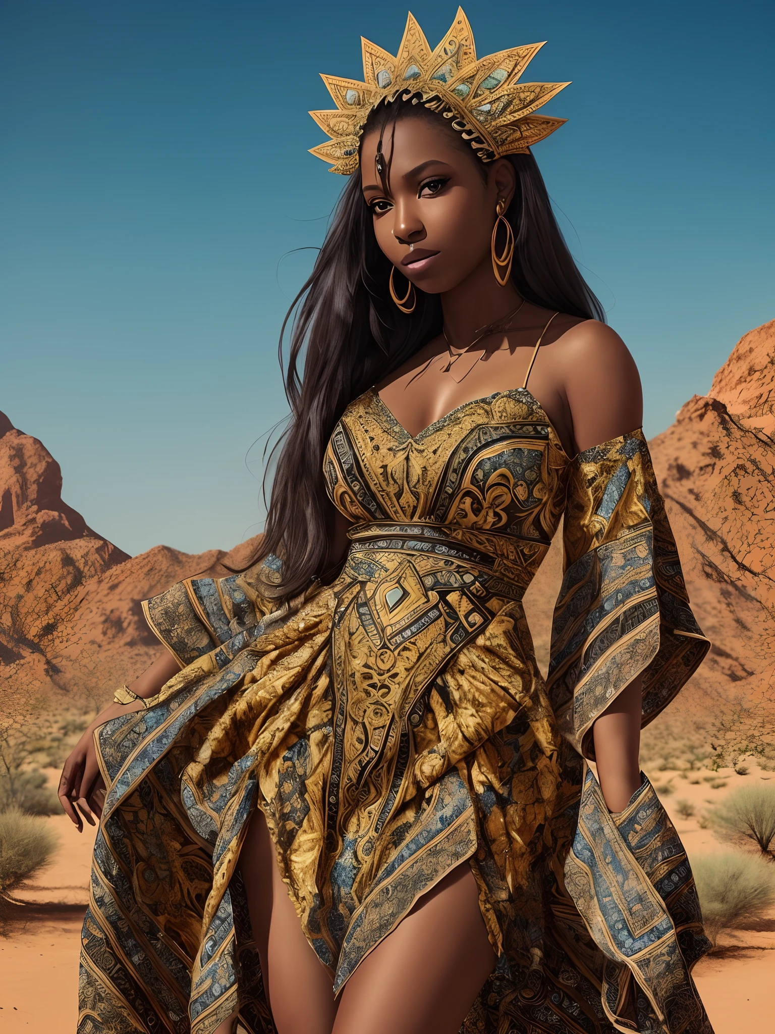 desert, Phoenix, female, dark skin, golden eyes, blue dress --auto --s2