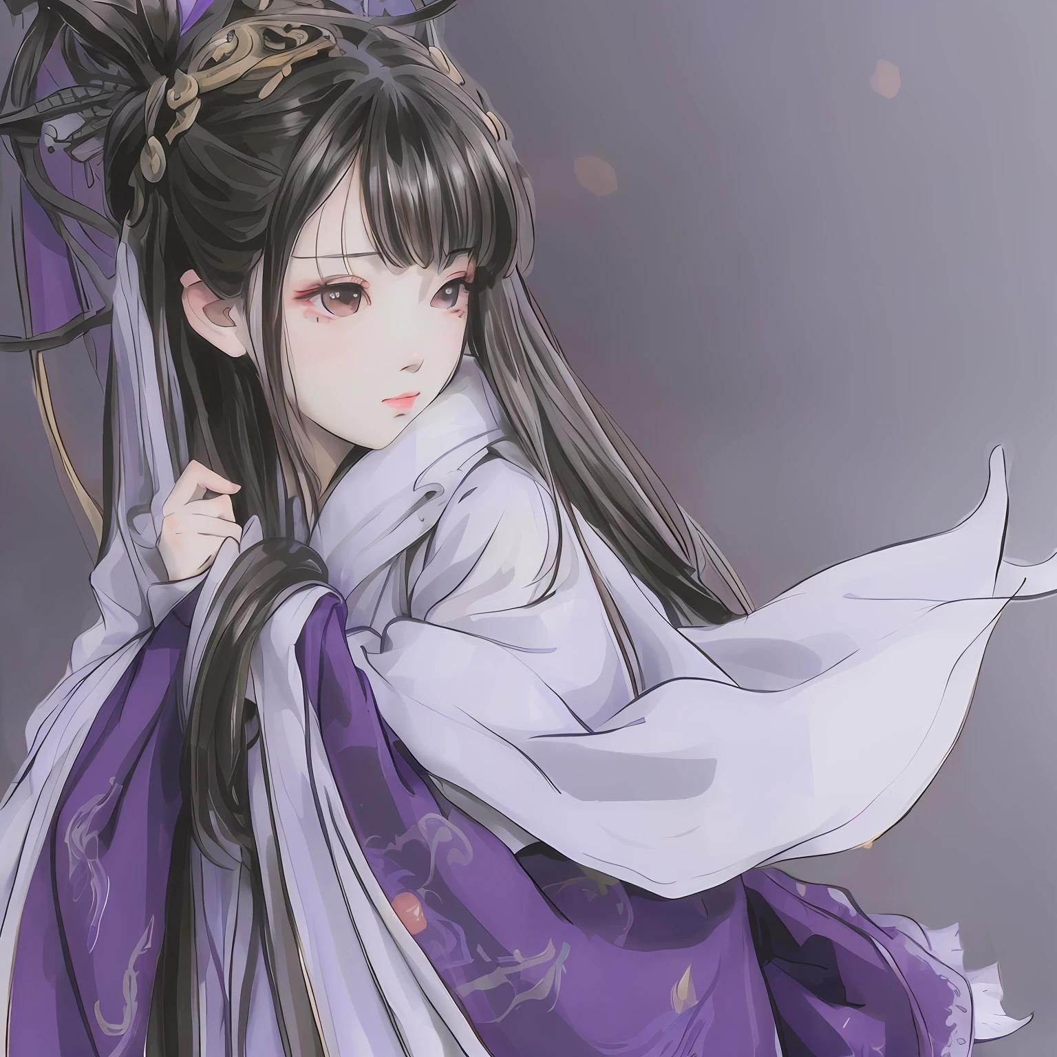 Masterpiece, Best quality, offcial art, 8K wallpaper, Highly detailed, illustration, 1 girl, Black hair, Long hair, Detailed eyes, Enchanted,Purple Hanfu,Shawl hair,Blurred,Lying on your stomach in the snow,Pale face