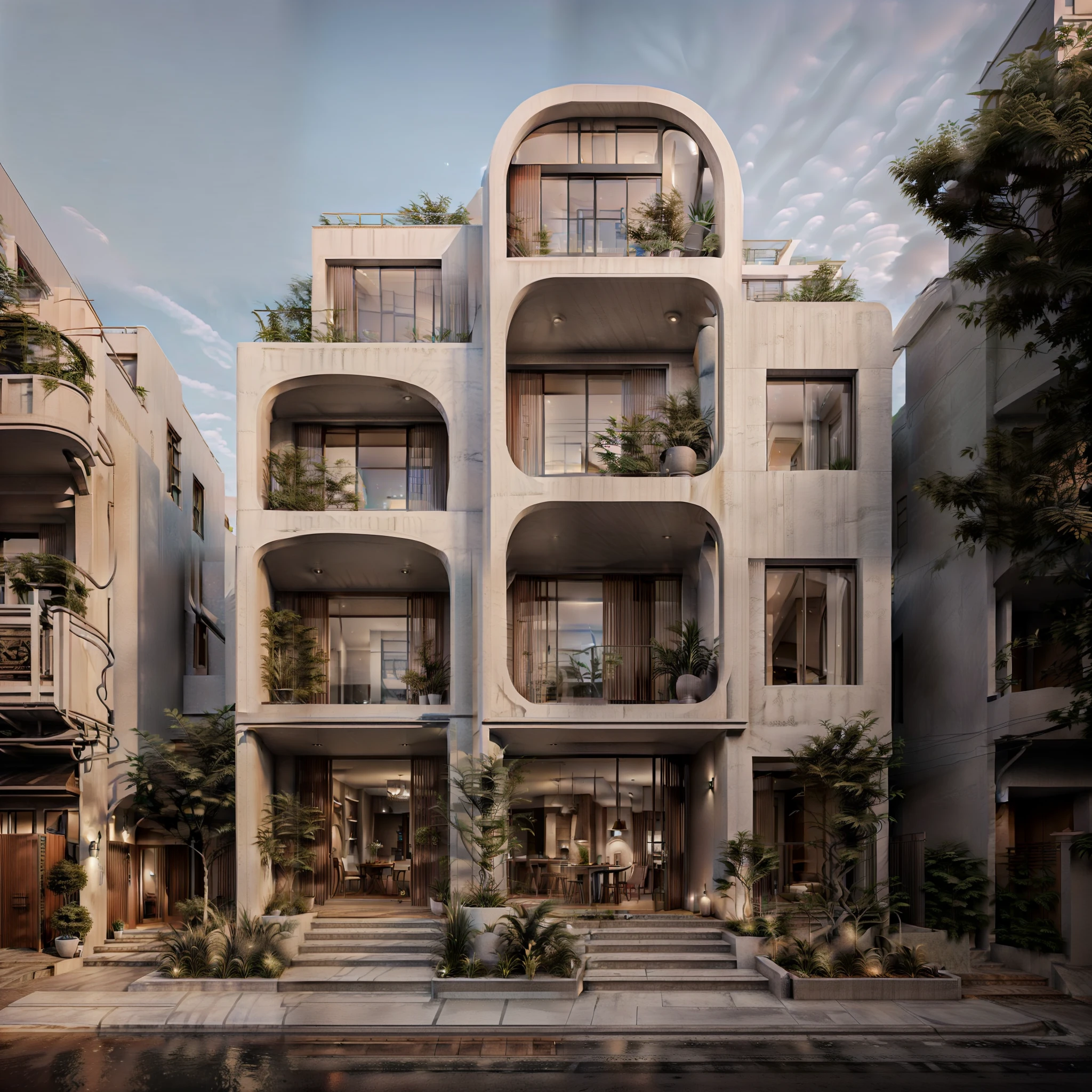 Townhouse, Daylight ( Best quality) ((High solution)) ,(( photograph realistic)) ,Warm light, (Sharp focus) Modern style townhouse front view,Small house, Narrow areas,vietnam,allure, Curved arches,Beautiful facades,Arc window,Narrow and long ,Two floors,Color each other, Soft lighting, Warm atmosphere,high resolution, ultra - detailed,4K ,vray render, rendering by octane, Ultra photo realsisim, Photography expert ,Exterior design , Professional photography, exterior photography,wide - angle shot , Ultra detail , high resolution , full framing, full bodyesbian