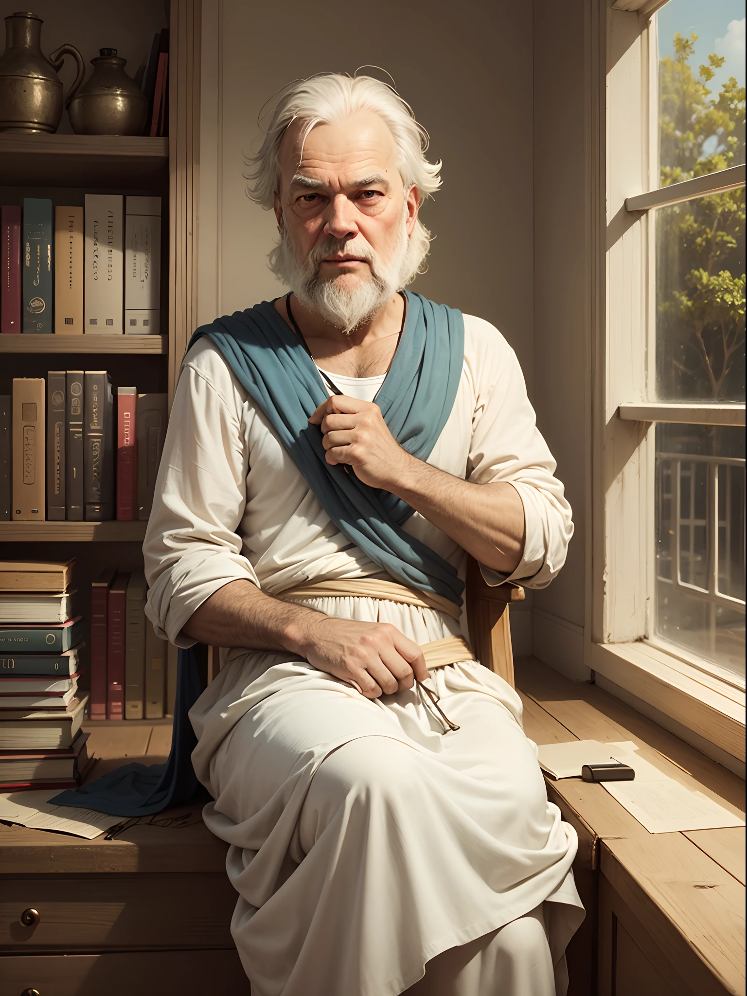 Create an image of Socrates depicted in a stained glass window style, similar to a fragmented piece of art. The stained glass should include various colorful glass pieces in vibrant tones, such as blue, green, red, and yellow. Socrates should be in a thoughtful pose, perhaps holding a scroll or book, with dark lines outlining his forms and the fragments around him. The background can include abstract details suggesting a philosophical environment, like columns or the Greek Acropolis in the distance.