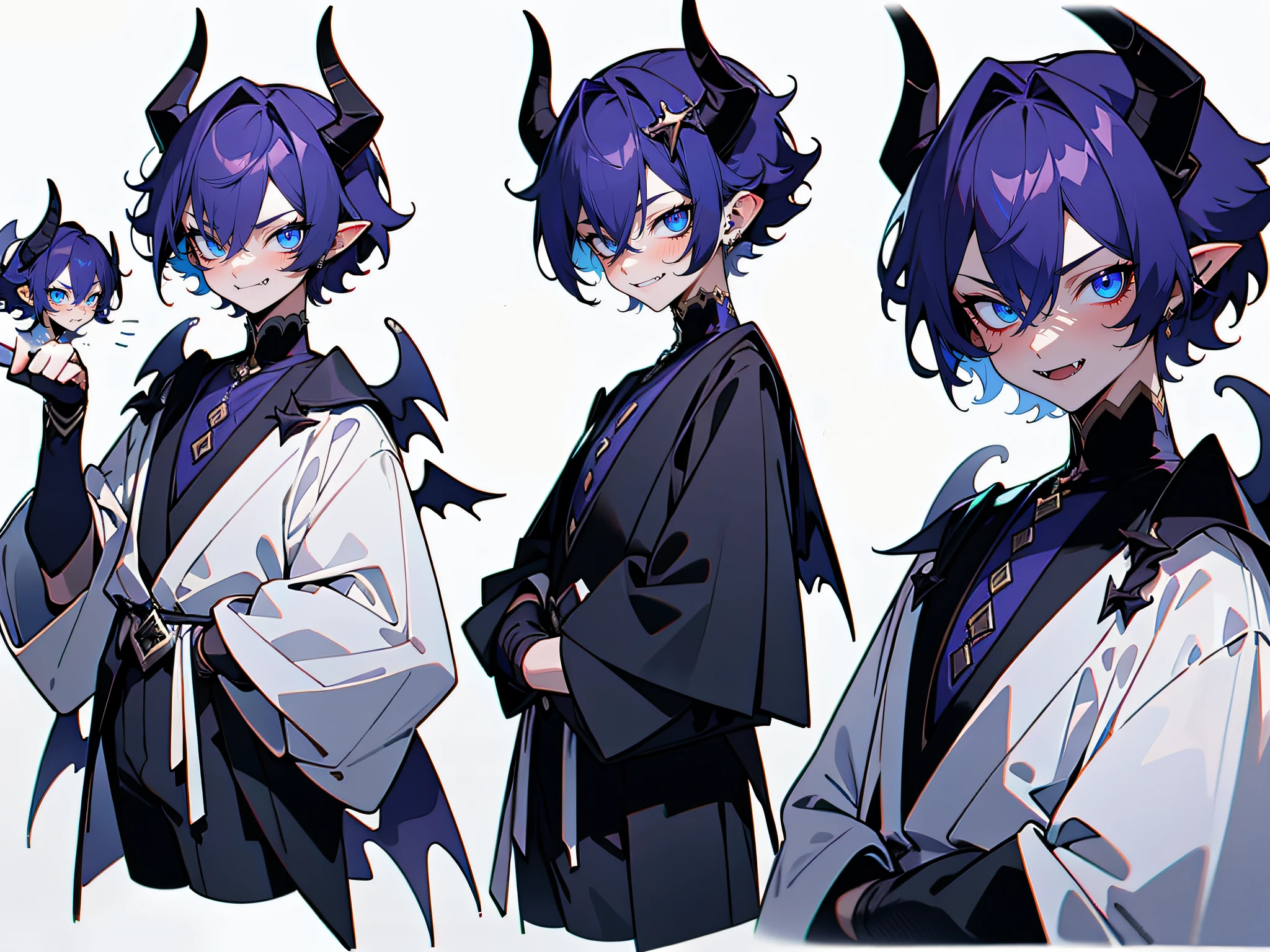 （Male characters:1.2),(Boy:1.2), ((Character design)),(Different expressions for the same character:0.8),Pubic area is clear,hyper HD, Exquisite,A masterpice，blue color eyes，Pupil of the slit, Devil Eyes,Evil smile, fang out, poison fangs, Devil Eyes, Evil, Crazy smile,