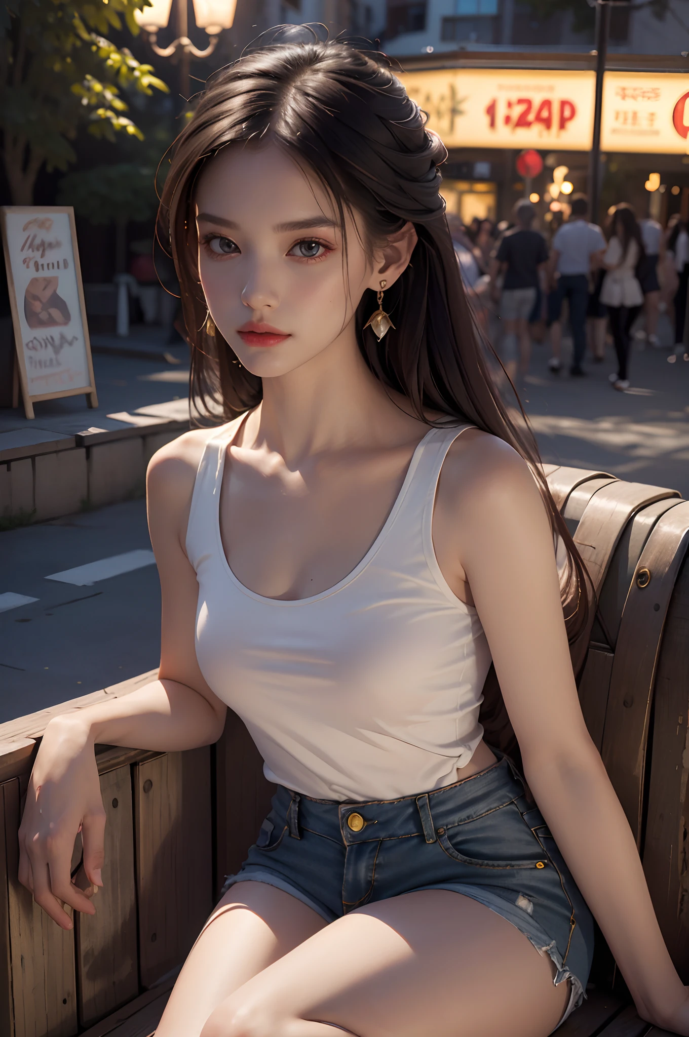 Best quality, masterpiece, super high resolution, (realistic: 1.4), original photo, (evening street), 1 girl, black eyes, looking at the audience, long hair, light makeup, lips, small ears, white t-shirt, denim shorts, earrings, sitting Ferrari, big breasts, slim