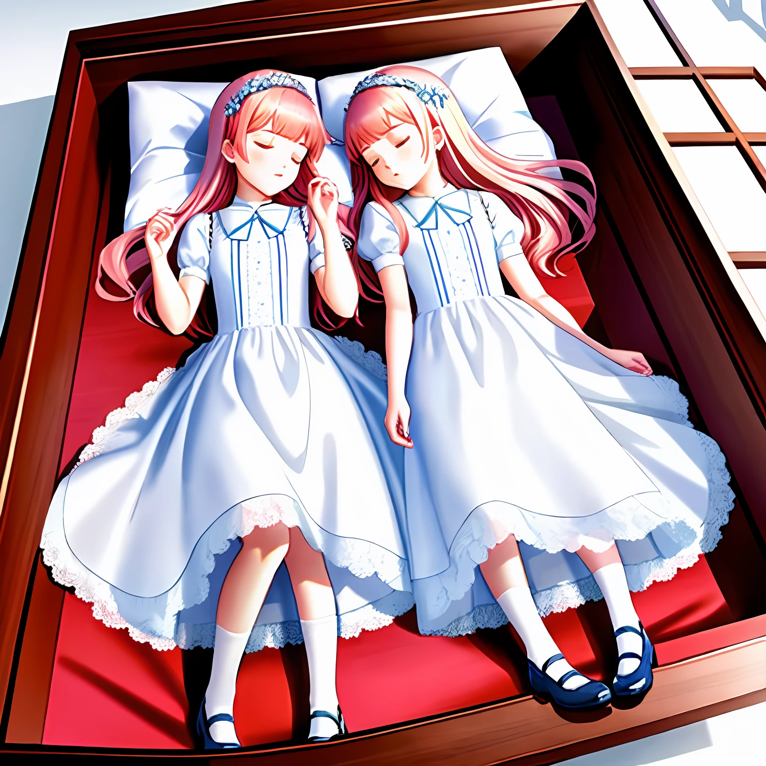 Beautiful twin sisters sleeping in a coffin,White dress,White cotton socks,The older sister wears Blue Mary Jane shoes,The younger sister wears pink Mary Jane shoes,Real Human,serene,florals,Royal Sister