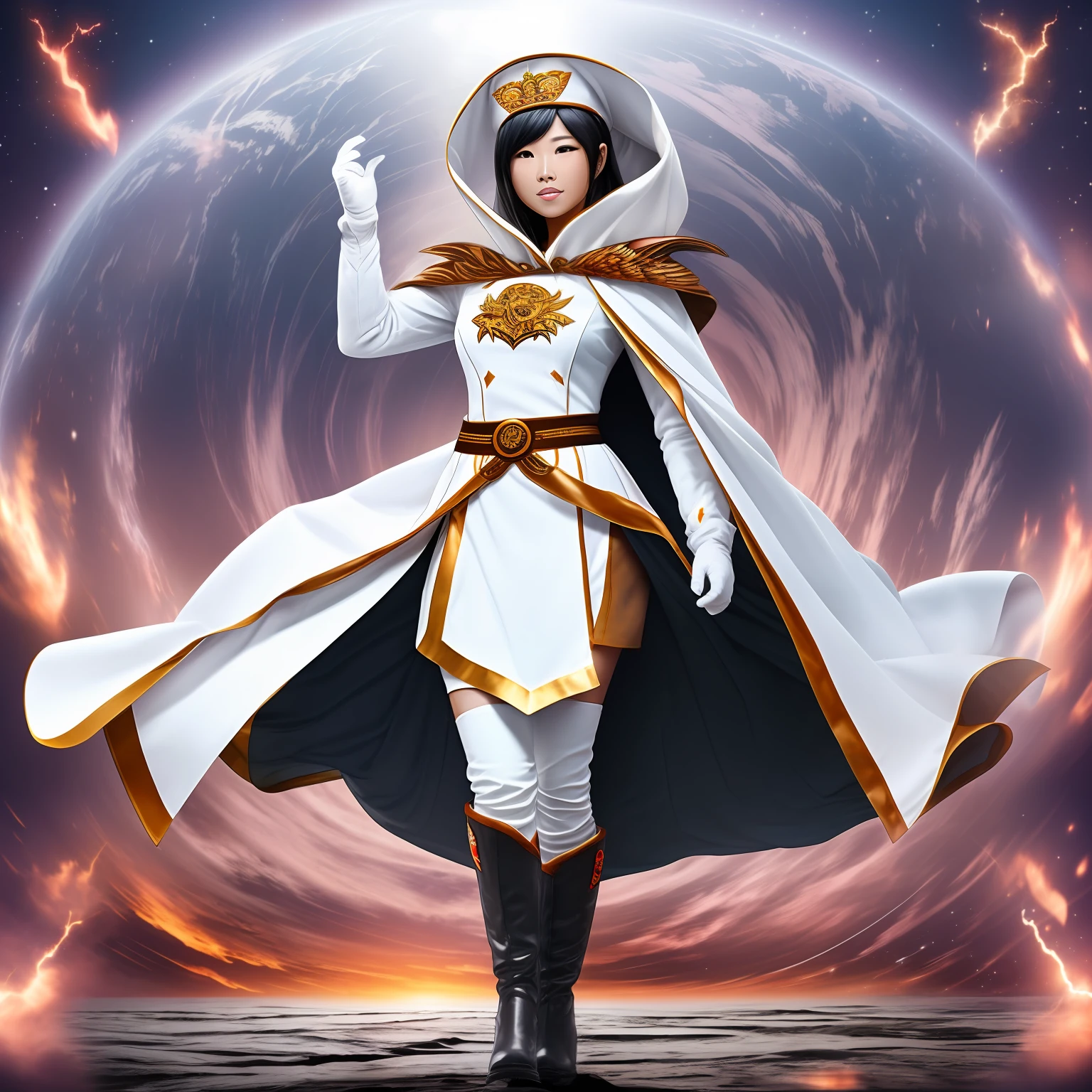 Nature Guardian Typhoon Woman wearing a typhoon symbol uniform，White cloak, Long white gloves on his hands, Wear white knee-length boots on her feet, Stand in a typhoon to release energy full body shooting