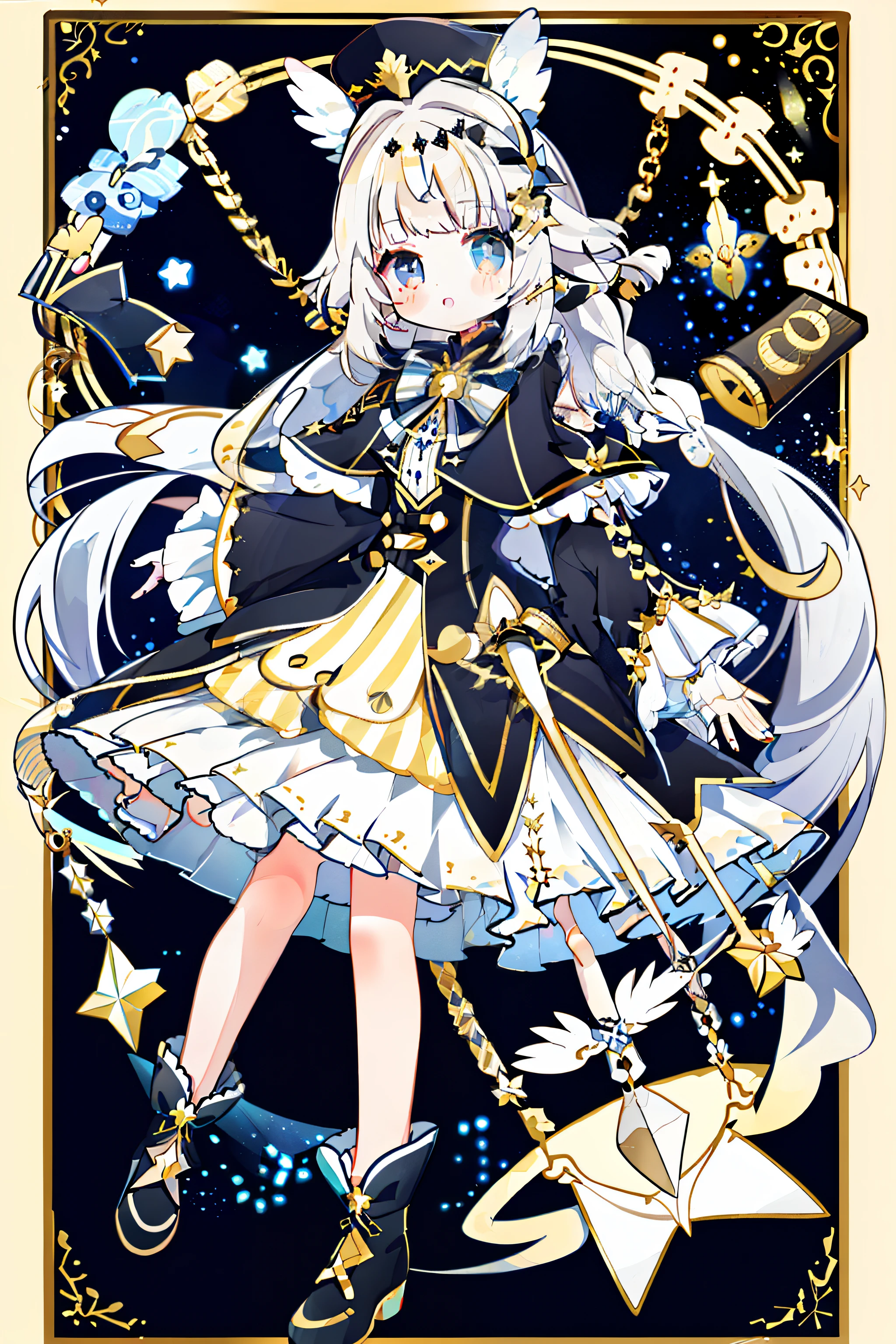 1girll, Solo, ahoge, Braid, Blue eyes, Star (symbol), Blue nails, Boots, full bodyesbian, bow, Animal ears, jewelry, Long hair, view the viewer, nail polish, Fur trim, Shut up, White hair, red headgear, dress, ;Tai, Puffy sleeves, Cape, Hair accessories hair bye, Hat, bangs, Long sleeves, Red bow, hair adornments, White hair, Starry sky print, Black and gold dress, Blonde hair,, chain, Very long hair, Skirt, x hair ornamen, streaked, Blush, Earrings, blackfootwear, Head wings, :Tai, constellation print, puffy long sleeves, Black skirt, Genevi striped bow, Socks, constellation,