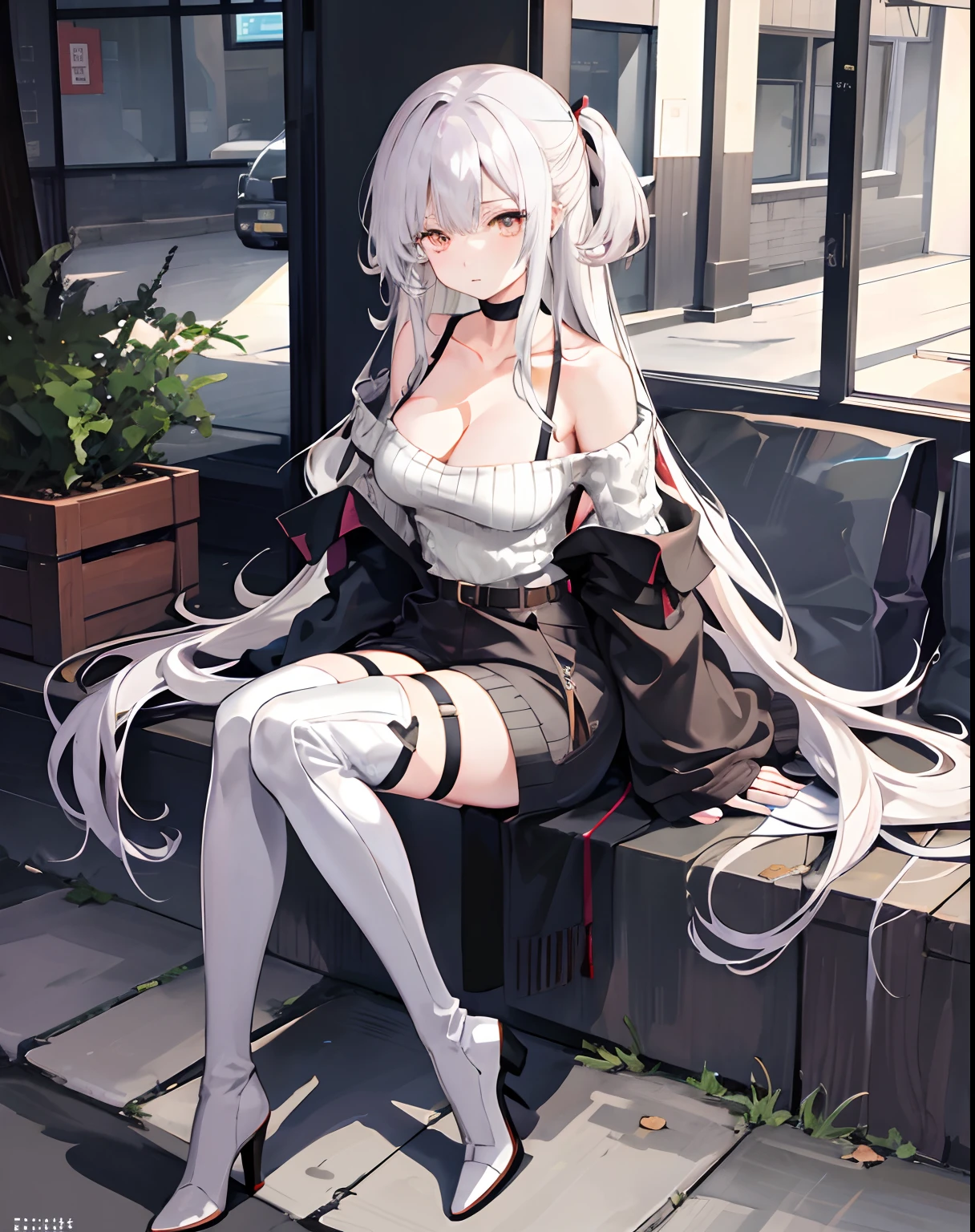 big cleavage breasts, 1girll, 独奏,long whitr hair, Sweaters, off-shoulder sweater, sitted, cropped shoulders, looking at viewert, 鎖骨, Be red in the face, exposed bare shoulders, choker necklace, exteriors, By bangs, Keep one's mouth shut, a black choker, longer sleeves, gray sweaters,, hair between eye,the street, Very long hair,thigh boots,high heels boots,Thighs, Thighs,Long boots,Correct limbs,Cross ed leg,Absolute realm