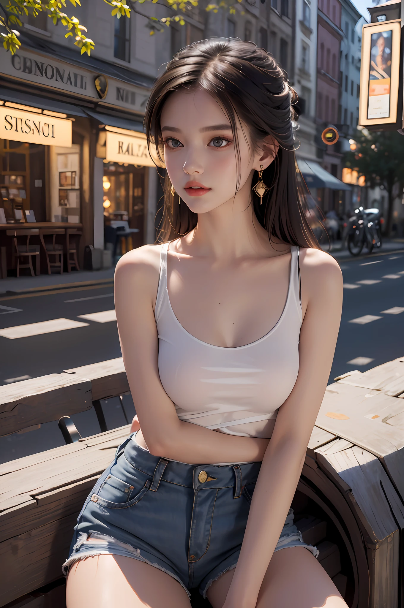 Best quality, masterpiece, super high resolution, (realistic: 1.4), original photo, (evening street), 1 girl, black eyes, looking at the audience, long hair, light makeup, lips, small ears, white t-shirt, denim shorts, earrings, sitting Ferrari, big breasts, slim