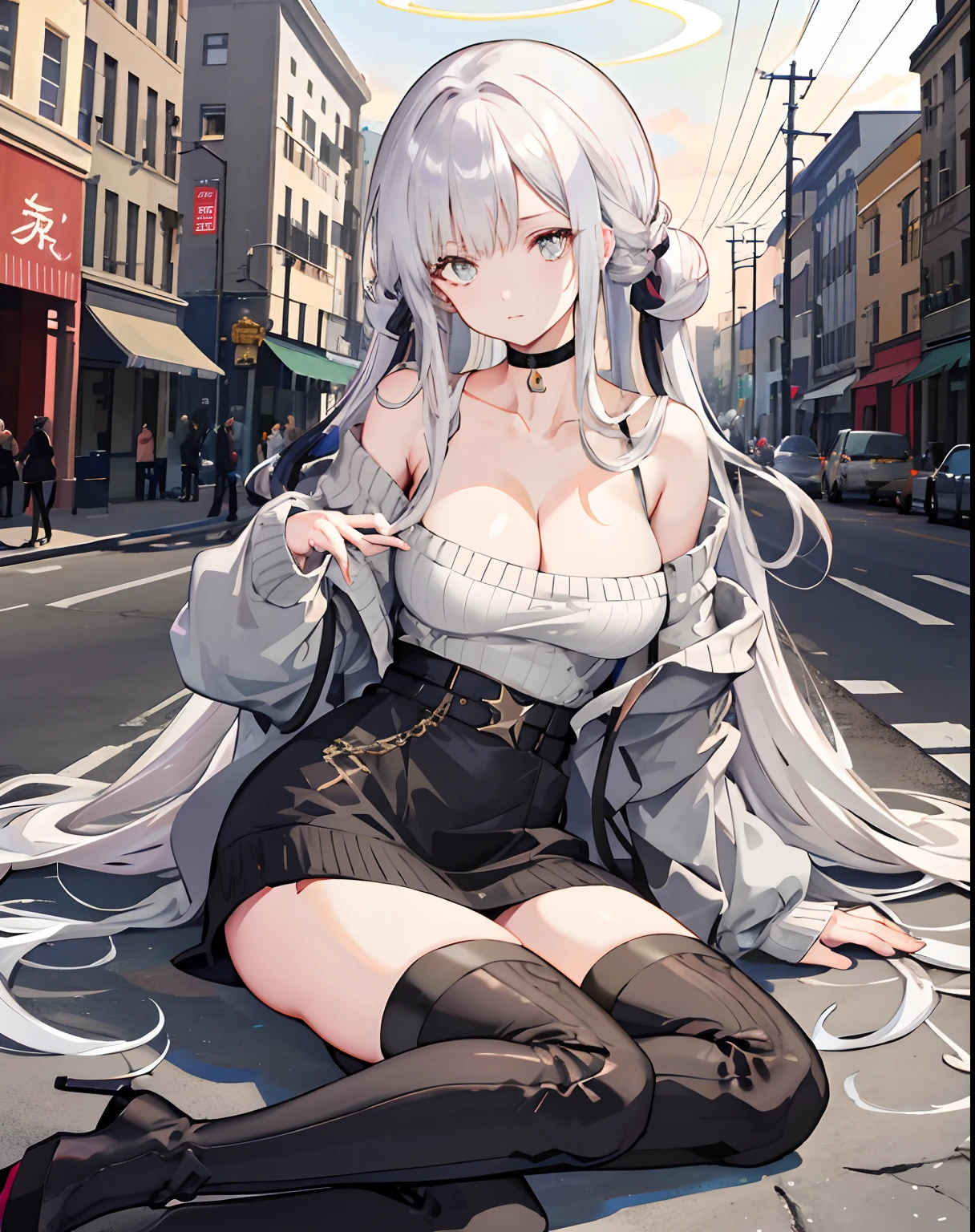 big cleavage breasts, 1girll, 独奏,long whitr hair, Sweaters, off-shoulder sweater, sitted, cropped shoulders, looking at viewert, 鎖骨, Be red in the face, exposed bare shoulders, choker necklace, exteriors, By bangs, Keep one's mouth shut, a black choker, longer sleeves, gray sweaters,, hair between eye,the street, Very long hair,thigh boots,high heels boots,Thighs, Thighs,Long boots,Correct limbs,Cross ed leg,Absolute realm