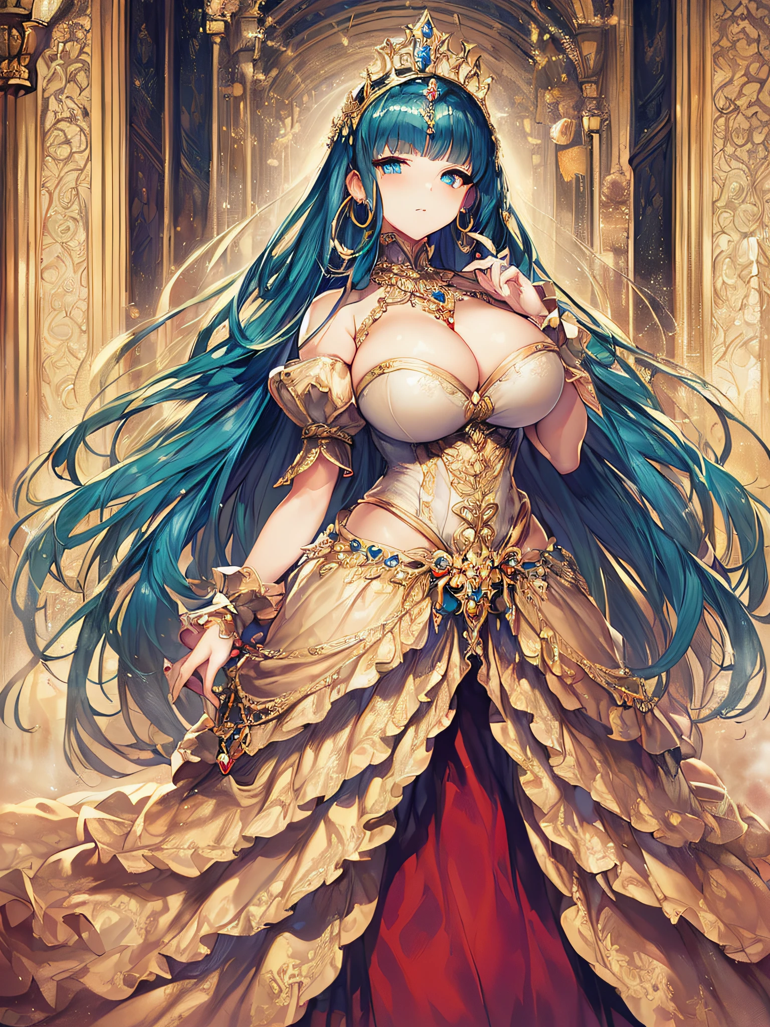 ((anime artstyle)),(Masterpiece),(Best Quality), (Super Detail),((Very Delicate and Beautiful)),(((Solo))),((full body portrait)),(((1 princess in baroque dress with full length voluminous hoop skirt))),crinoline,((standing in baroque office)),(((gorgeous Long train))),(gorgeous gemstone jewelry),detailed face and eyes,jewel-like eyes,((large amount of straight hair,extremely voluminous Very Long Straight Hair)),((gigantic tits,Long tits)),cleavage,extremely gorgeousfull hair ornament,((bling-bling extremely gorgeousfull jeweled tiara)),((Dynamic Angle)),Looking at viewer,(((baroque dress with full length voluminous hoop skirt)))