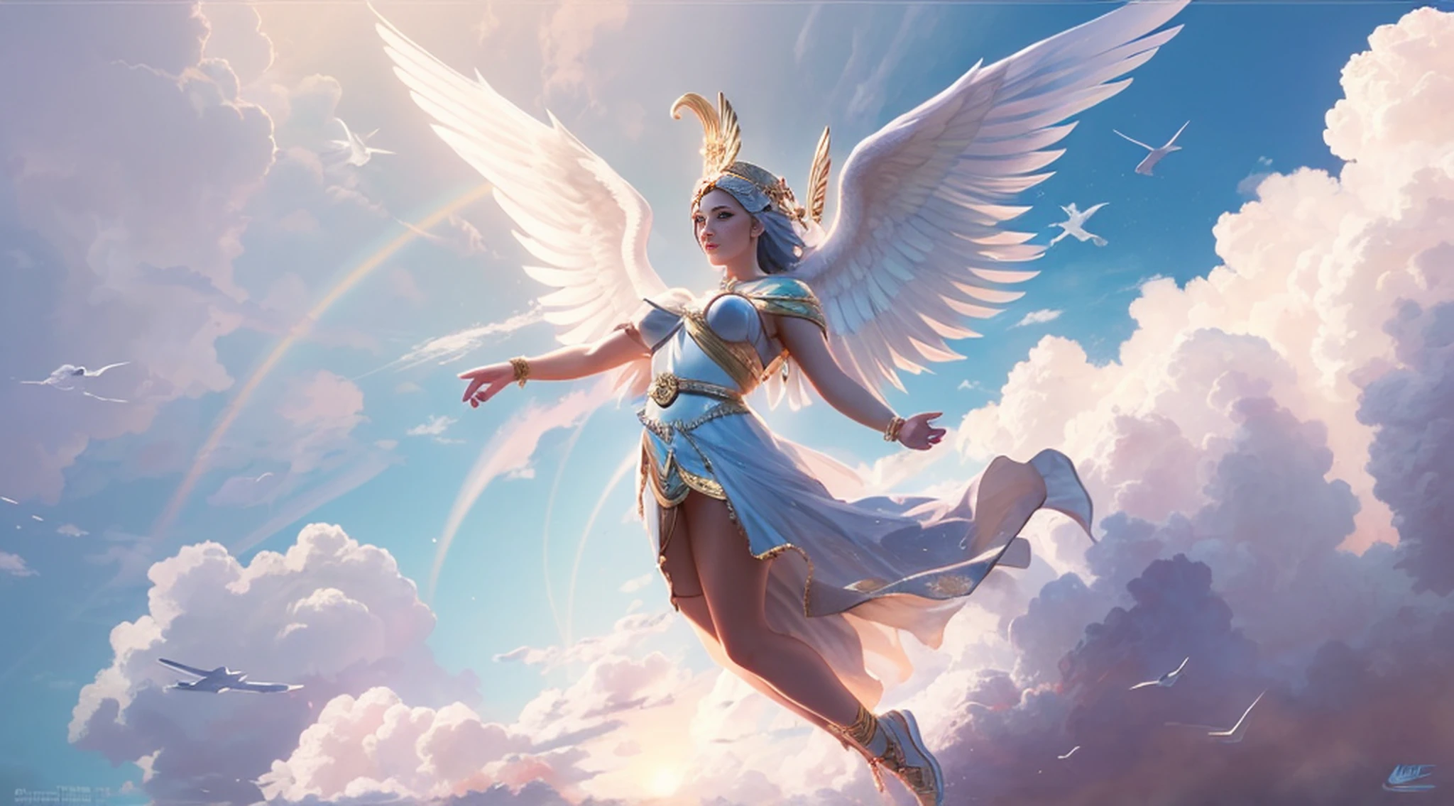 (Goddess of Victory, Nike flies in the clouds), blue sky and white clouds, Greek mythology, Legendary creatures, Creatures, conceptart, dreamy, backlight, fantastical, drop shadow, Smooth,