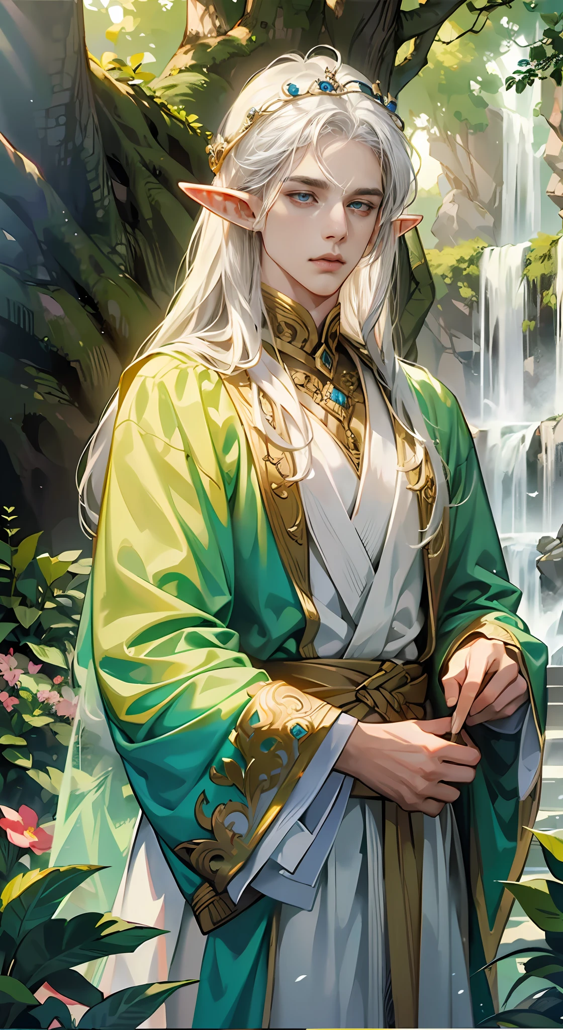 (tmasterpiece, high resolution, ultra - detailed:1.0), (1 boy, young male), eyes looking at camera, perfect male body, (Elf King:1.3), adult Male, delicate eyes and delicate face, extremely detailed CG, 8k wallpaper, complicated details, solo person, detailed face,(handsome face, sliver long hair, white silk robe, jewelry, Elf crown, show forehead), forest, elf costumes, flowers and trees, waterfallr, natural light and shadow, color difference, depth of field, dramatic shadow, ray tracing, best quality, cinematic lighting, offcial art, portrait