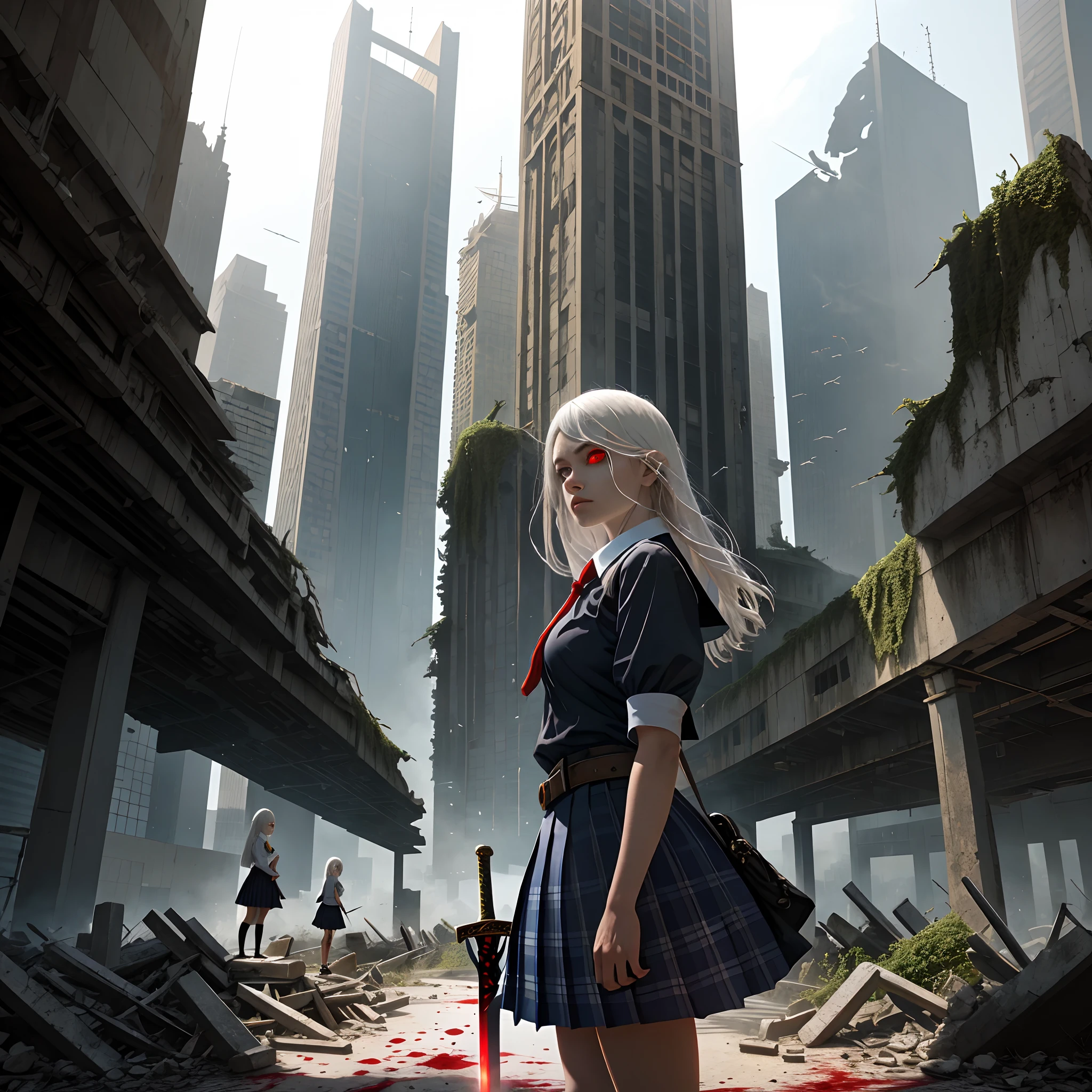 A white-haired schoolgirl stands on the ruins of a modern city, holding a sword in her hand, Look into the distance at the huge red eyeballs，There are two skyscrapers in the distance，There is a huge red eyeball sandwiched in the middle，Bloodshot，Realistic style