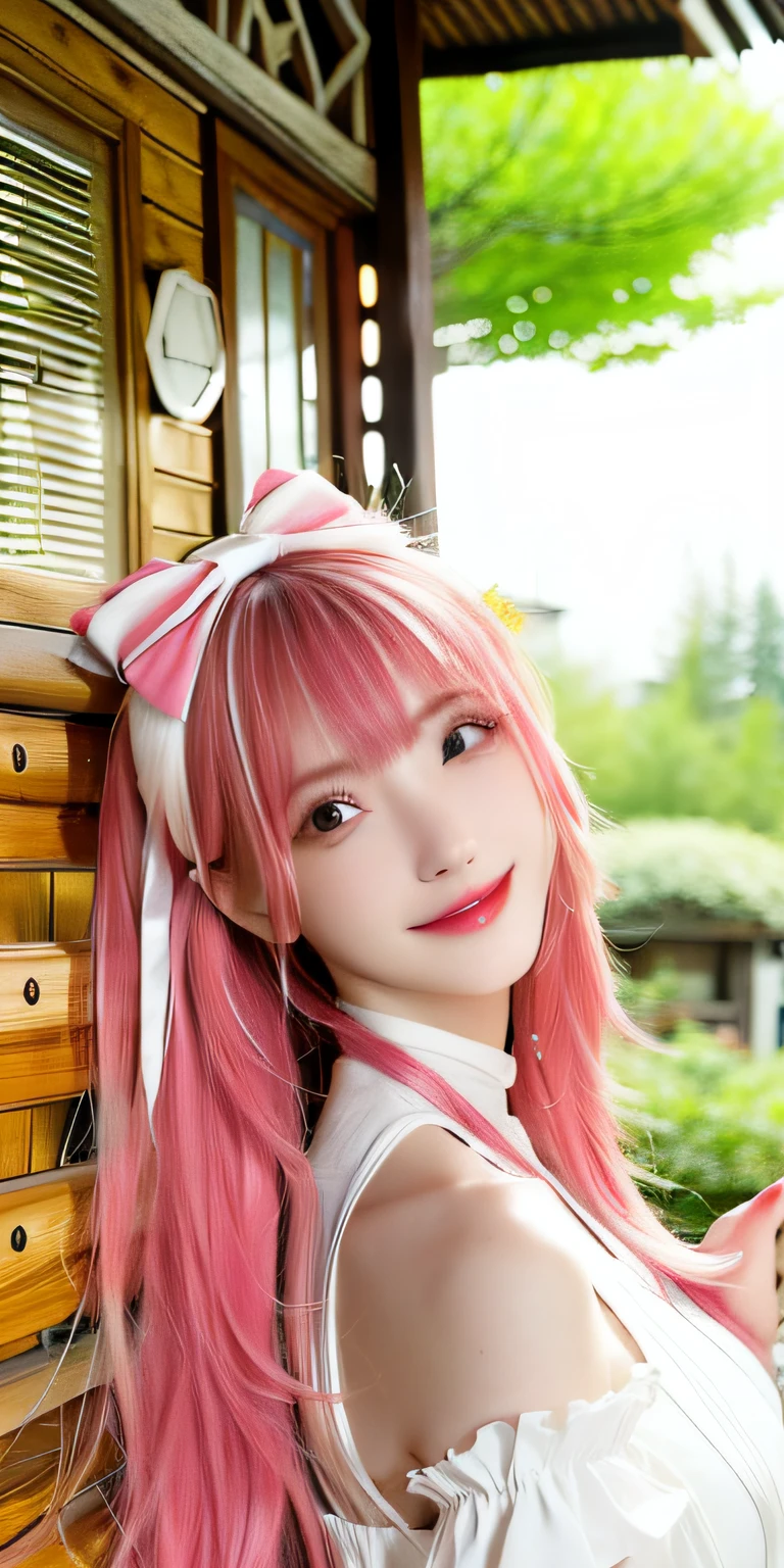 (8K, 4K, Best quality, A high resolution:1.2), (marsterpiece, Realistic, photograph realistic:1.37), 1girll, Solo, Beautiful face, eyeslashes, nase, Glossy lips, (Detailed eyes, view the viewer, Fair skin, White skin:1.5), fine complexion, Upper body,
Large breasts, Busty, , (:1.5),
Outdoor onsen,
two sides up, Absurdly long hair, Blonde hair, Pink hair, bangs, hair adornments, bow,
Younger, aged down,