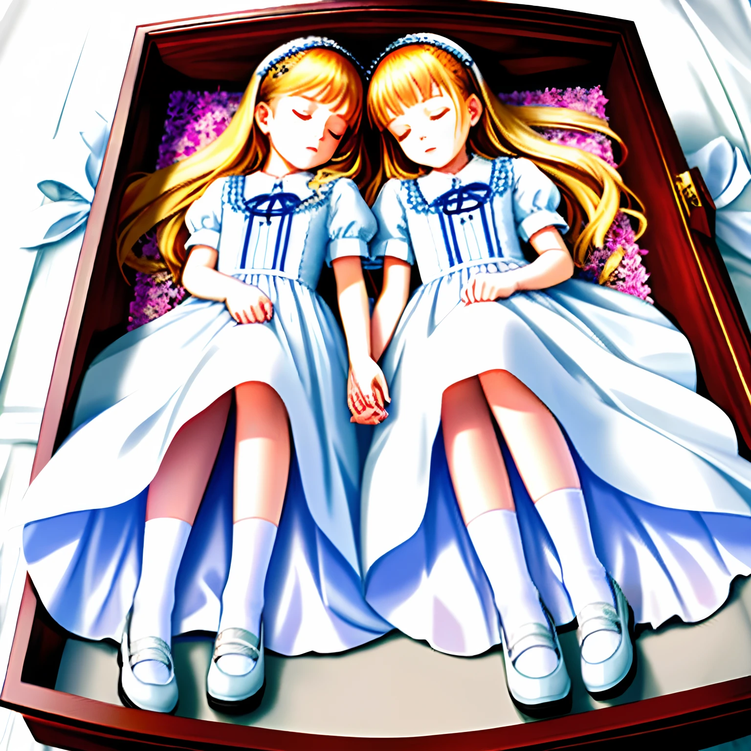 Beautiful twin sisters sleeping in a coffin,White dress,White cotton socks,The older sister wears Blue Mary Jane shoes,The younger sister wears pink Mary Jane shoes,Real Human,serene,florals,Royal Sister
