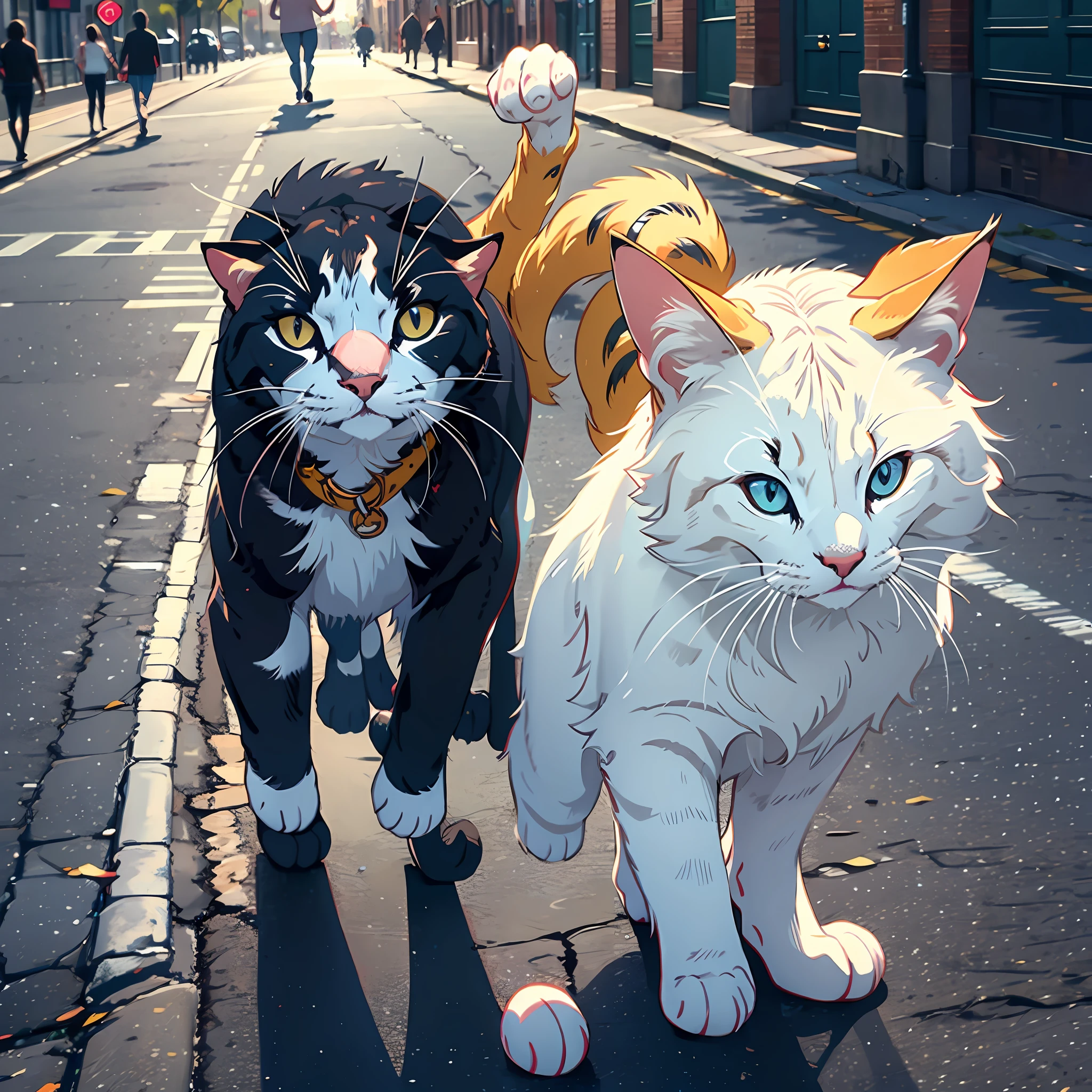 Two dancing pussy Holding hands on the street