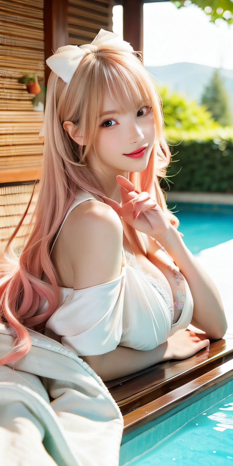 (8K, 4K, Best quality, A high resolution:1.2), (marsterpiece, Realistic, photograph realistic:1.37), 1girll, Solo, Beautiful face, eyeslashes, nase, Glossy lips, (Detailed eyes, view the viewer, Fair skin, White skin:1.5), fine complexion, Upper body,
Large breasts, Busty, , (:1.5),
Outdoor onsen,
two sides up, Absurdly long hair, Blonde hair, Pink hair, bangs, hair adornments, bow,
Younger, aged down,