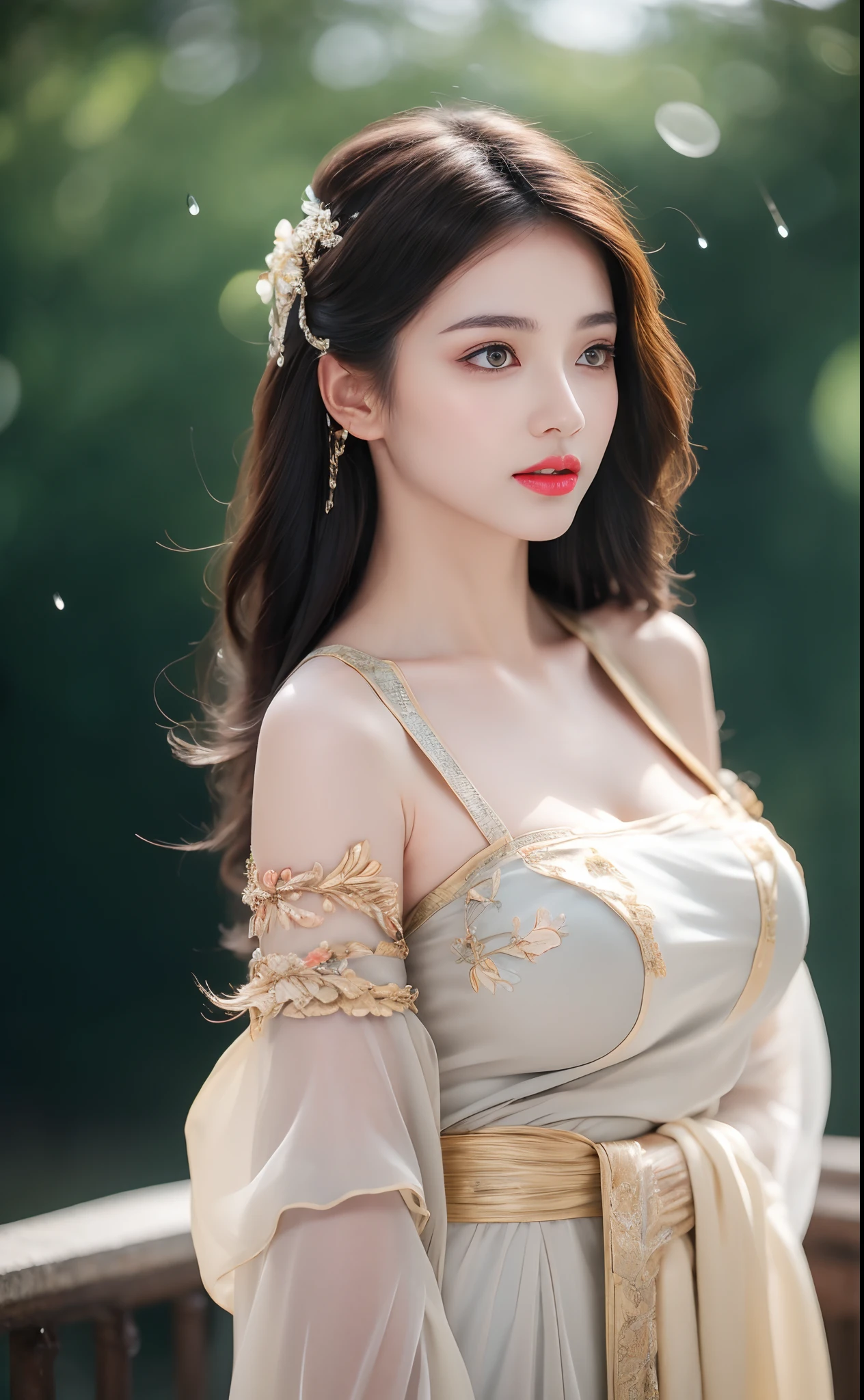 ((Best Quality, 8k, Masterpiece: 1.3)), Focus: 1.2, Perfect Body Beauty: 1.4, Buttocks: 1.2, ((Layered Haircut)), (Wet Clothes: 1.1), (Rain, Street:1.3), (Breasts: 1.2), (Hanfu: 1.2), Bare Shoulders, Bare Legs, Highly Detailed Face and Skin Texture, Fine Eyes, Double Eyelids, Whitened Skin, Long Hair, (Shut Up: 1.5), (Bokeh Background: 1.5), Big Breasts