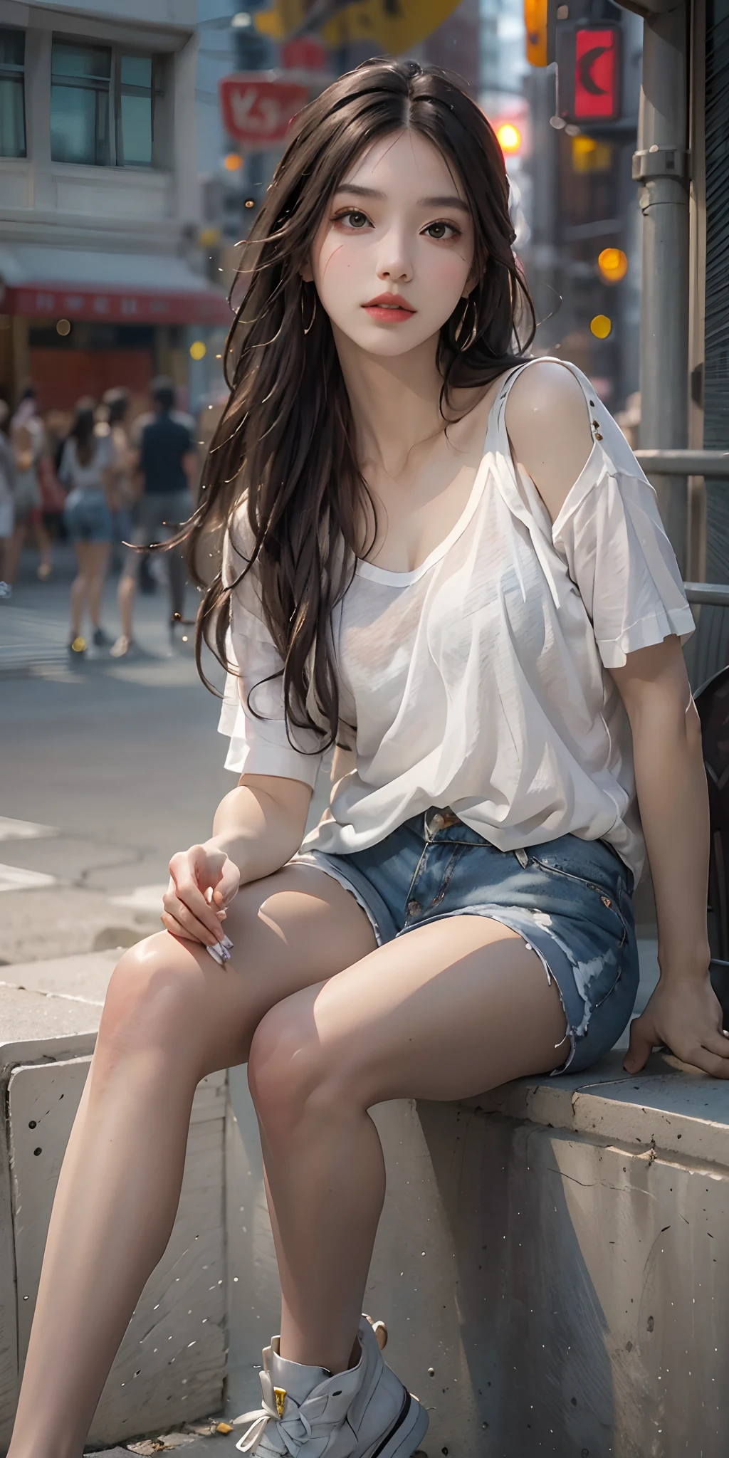 Best quality, masterpiece, super high resolution, (realistic: 1.4), original photo, (evening street), 1 girl, black eyes, looking at the audience, long hair, light makeup, lips, small ears, white t-shirt, denim shorts, earrings, sitting Ferrari, big breasts, slim