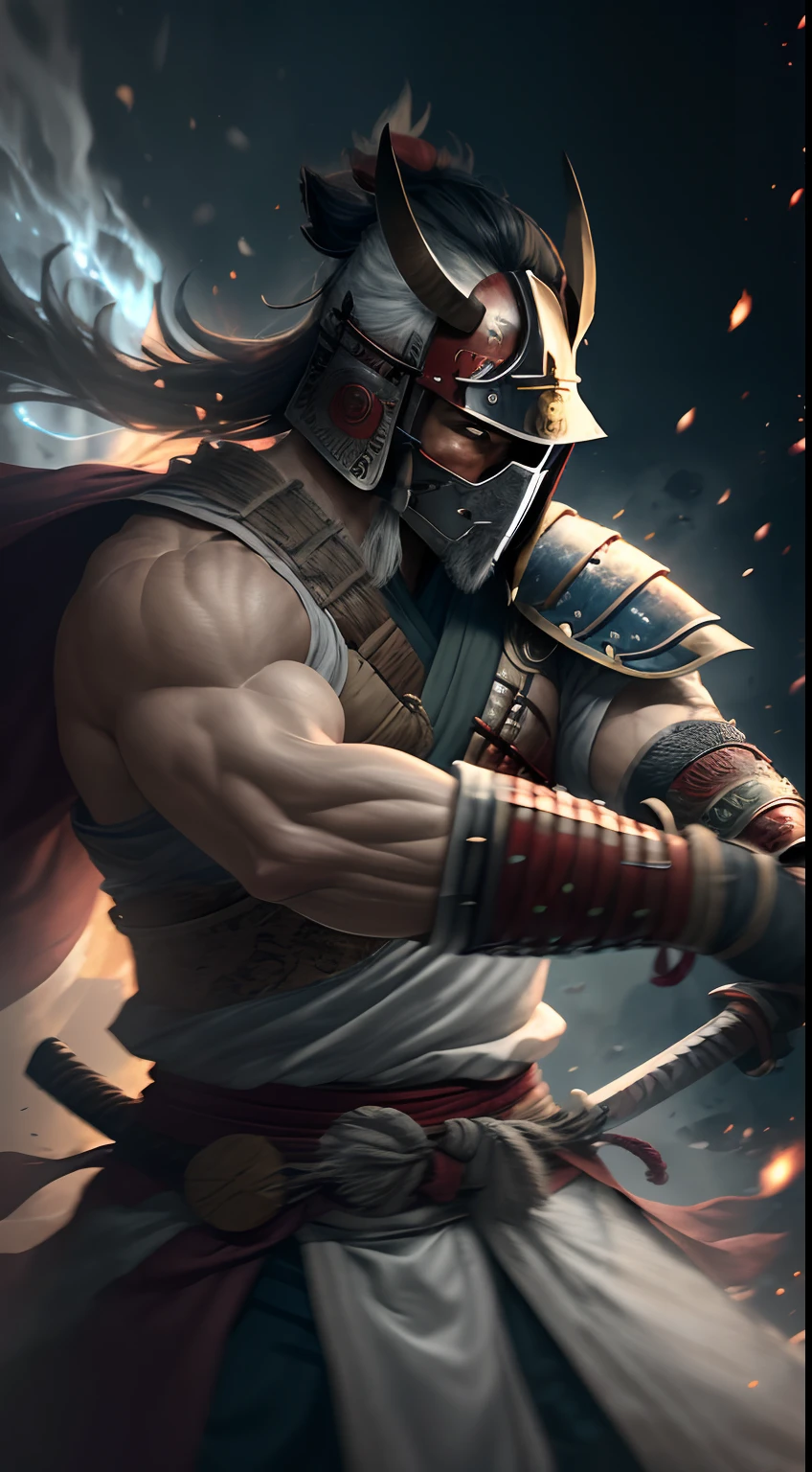 (8k), Ultra resolution 8K, Stunning illustration of a samurai warrior , Powerful Hero, Warrior Prince,Traje de samurai Athletic Body samurai, armadura muy bien detallada,((sostiene una gran hacha de espada)), cinematic lighting,action pose, agregar efecto al final,Mythical background
