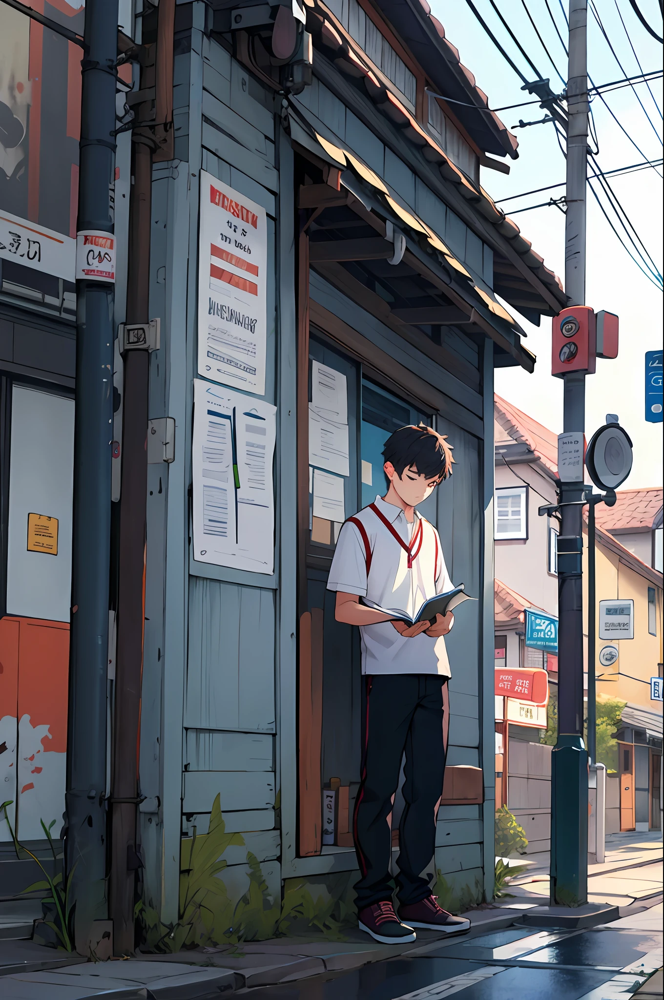 A domineering boy reading a book by a telephone pole