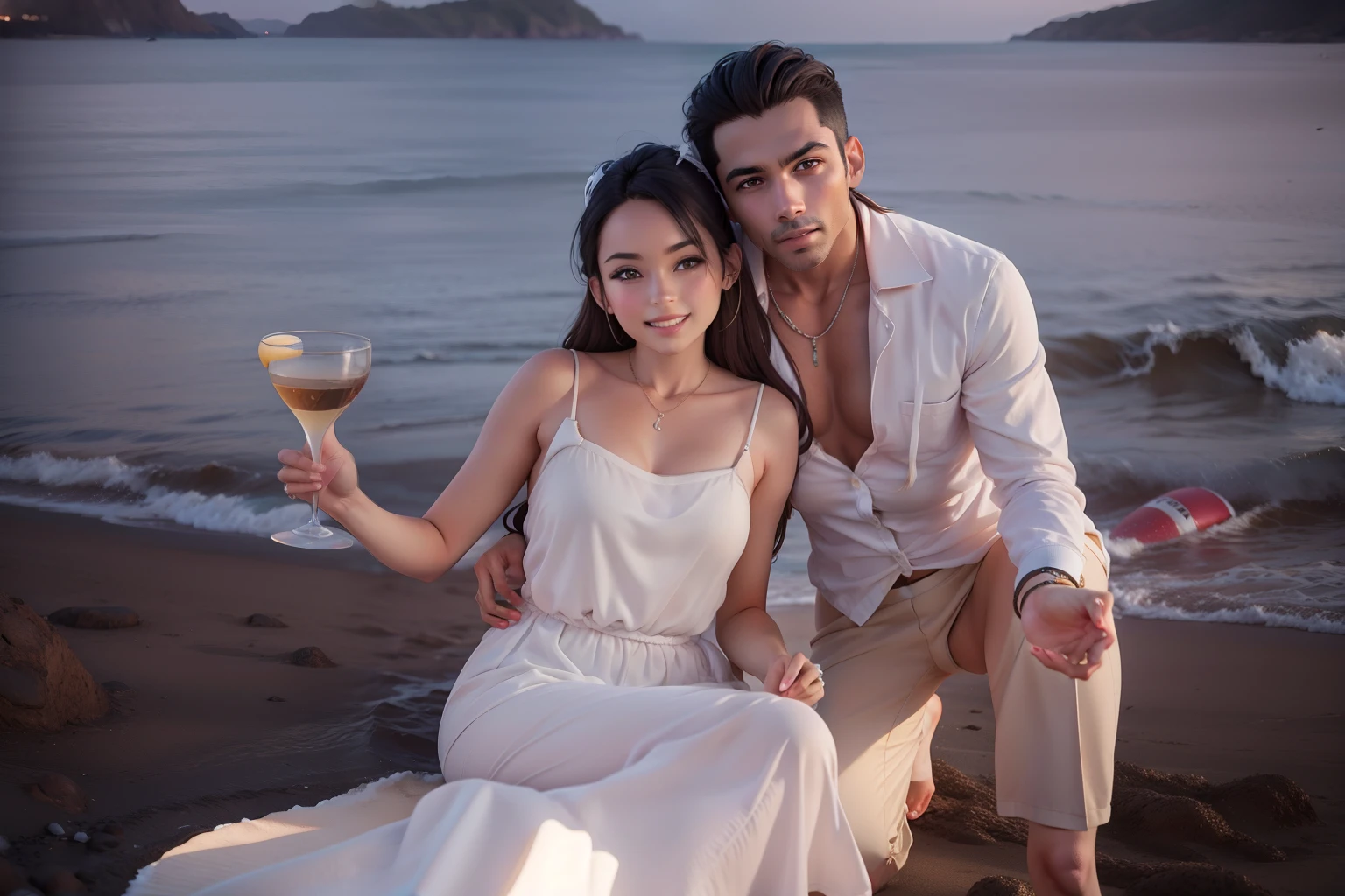 Couple sitting on the beach against the background of the sea and sunset