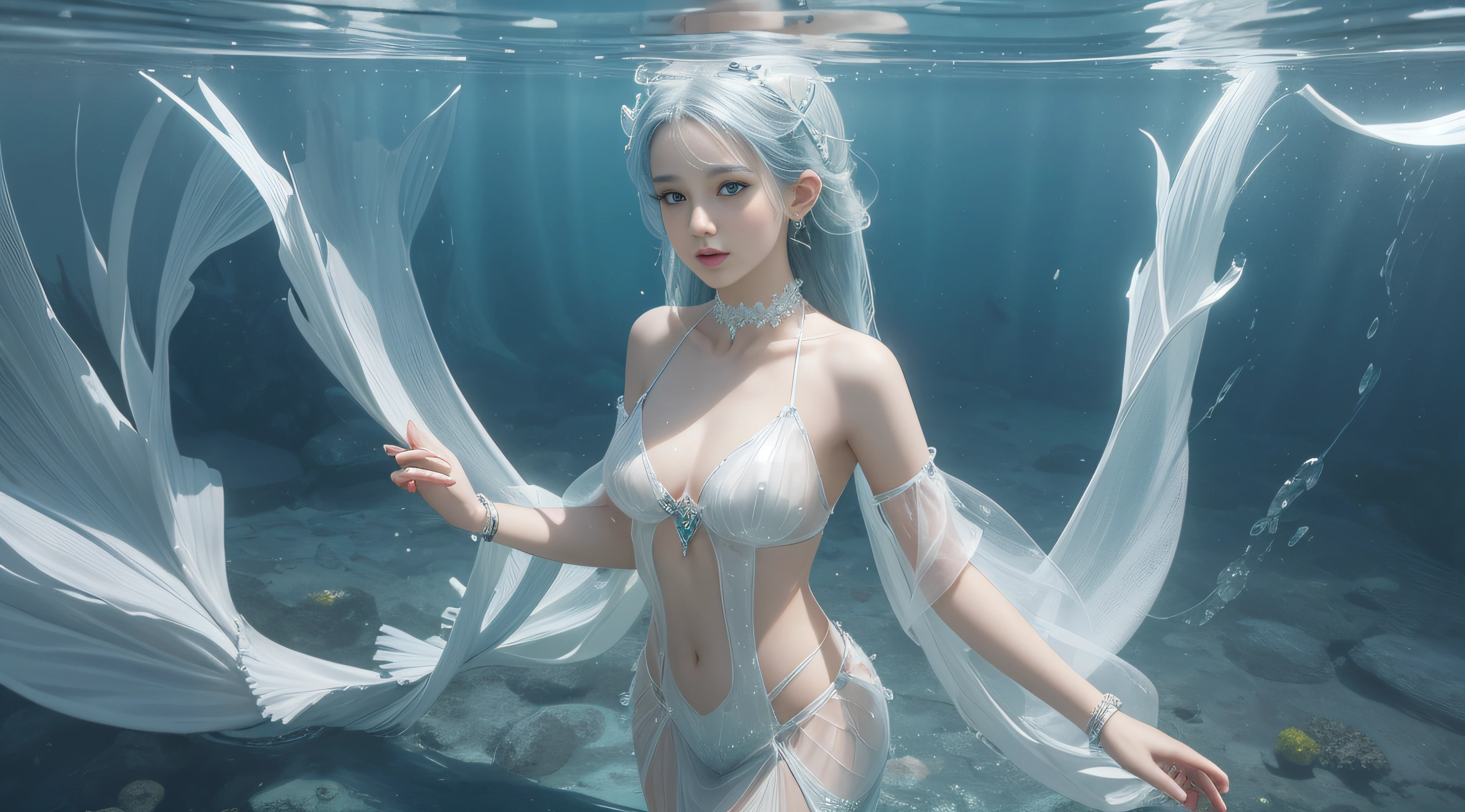 Ultra high quality,hyper-high detail,see-through transparent clothes,shallow water,Under the water,White theme,Mermaid costume,Mermaid tail,Bracelet,耳Nipple Ring,head gear,choker necklace,smallunderboob,