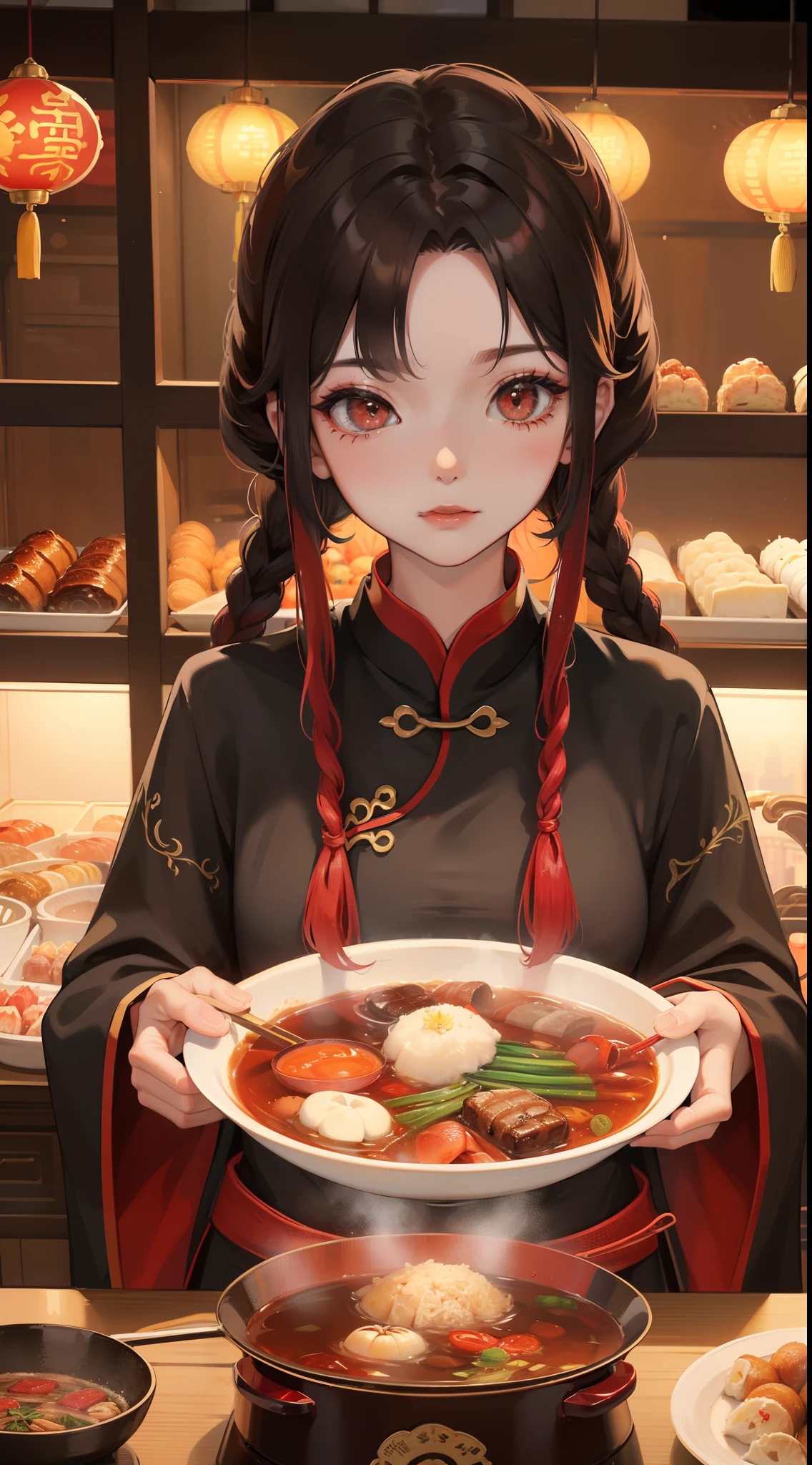 Chengdu girl eats hot pot,Delicate facial features,Delicate,(There is lotus embroidery on the clothes:1.4),(Chinese red:1.4),Lively street stalls,the night,red colour,Abundant hot pot ingredients,Twist braids,8K,super-fine,tmasterpiece,Accurate hands,Detailed pubic hair,dynamic viewing angle