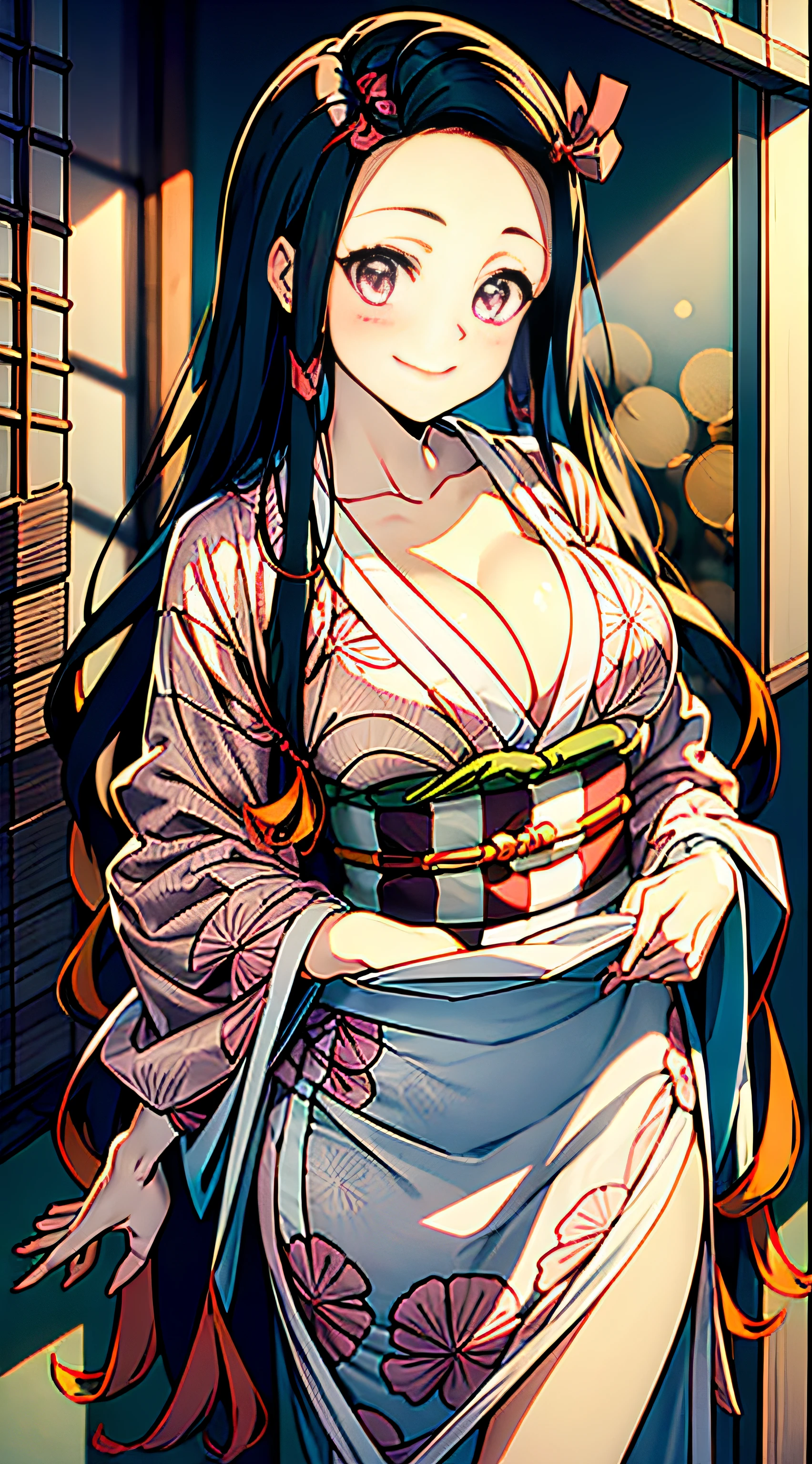 Wear kimono well、(masutepiece: 1.2), Best Quality, masutepiece, High resolution, Original, Highly detailed wallpapers, (super detailing), (Best Illustration), (better shadows), (Nezuko), Smile, blusher, (perspiring), Under the breasts,