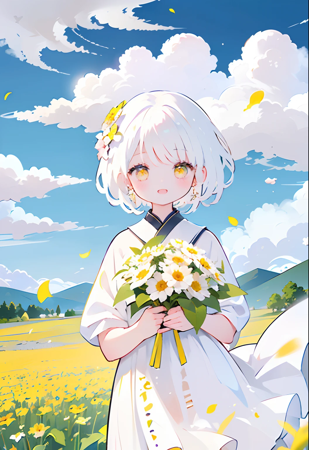 1girl in、White hair、Yellow eyes、White Dress、kawaii、Floral hair ornament、flower petals、the wind、The best smile、full bodyesbian、Looks fun、happiness、flower  field、cumulonimbus clouds