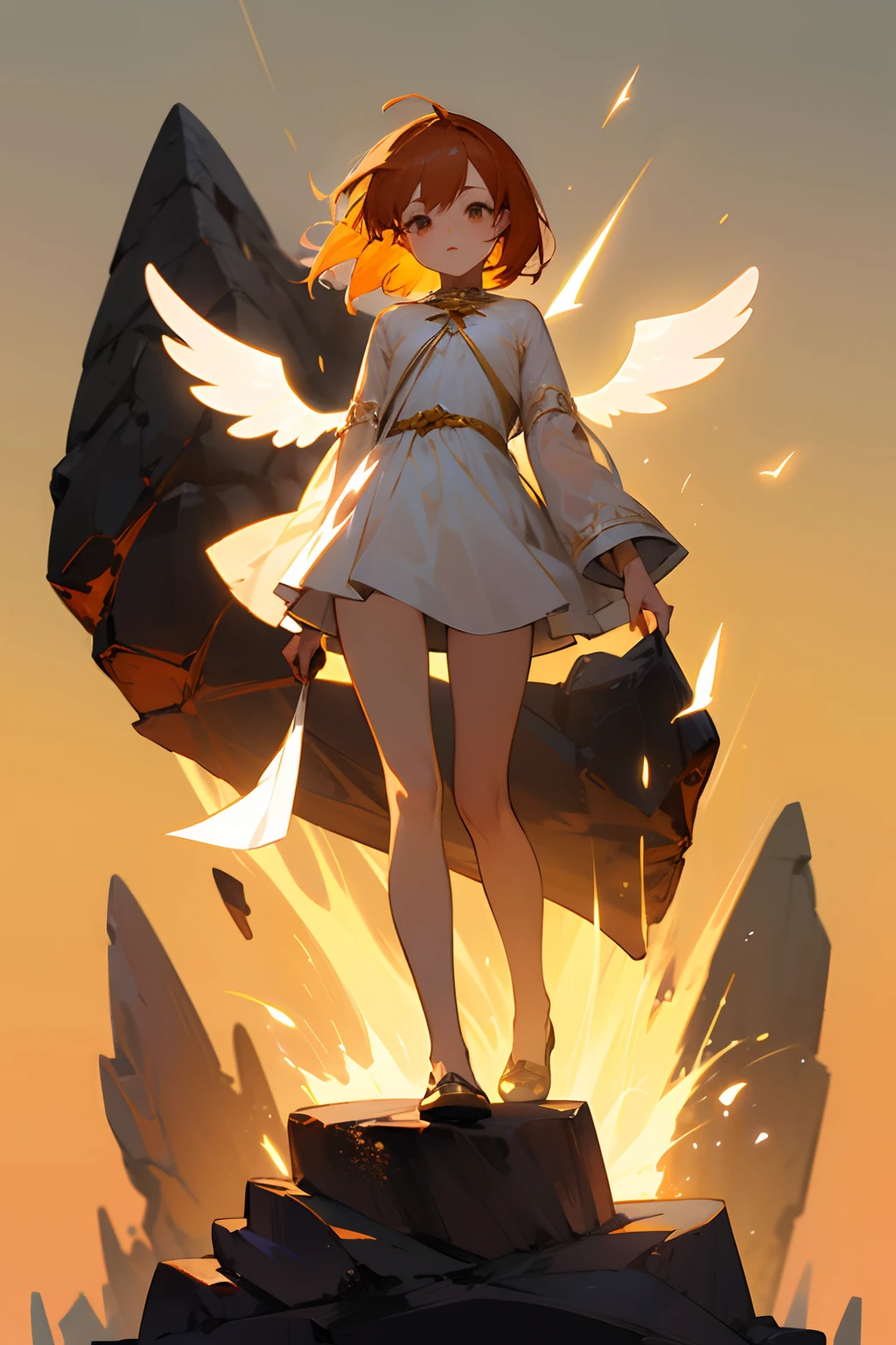 top-quality、hight resolution、detaileds、beautiful Girl、White sheer clothes、volcanoes、Bright orange medium hair、Angel wings、Stand on a rock、lava、a short skirt、The whole body is shown、