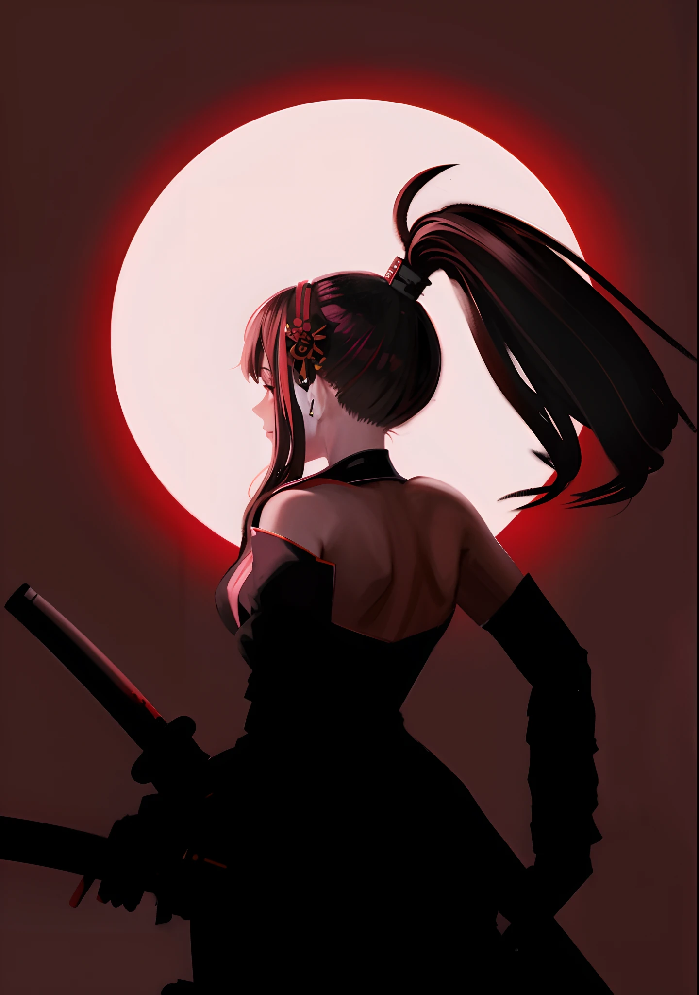 side face, back turn， Japanese samurai, backless outfit, anime girl with a long knife on standing in front of a full moon, portrait ninja, with a red halo over her head, katana zero video game character, advanced digital anime art ”, nightcore, epic anime style