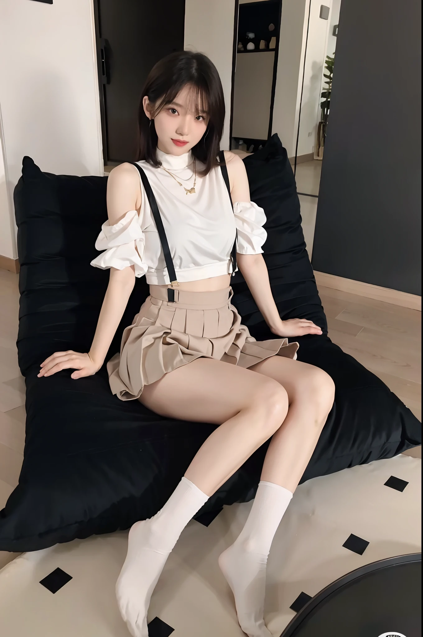 Best quality at best,tmasterpiece,超高分辨率,Textured skin,The is very detailed,awardwinning,high detal,(realisticlying:1.4),s girl,Juvenile,Clear eyes,looks into camera,Pupil correction,A detailed eye,Precise eye structure,Clear faces,Wear white socks,Accurate leg structure
