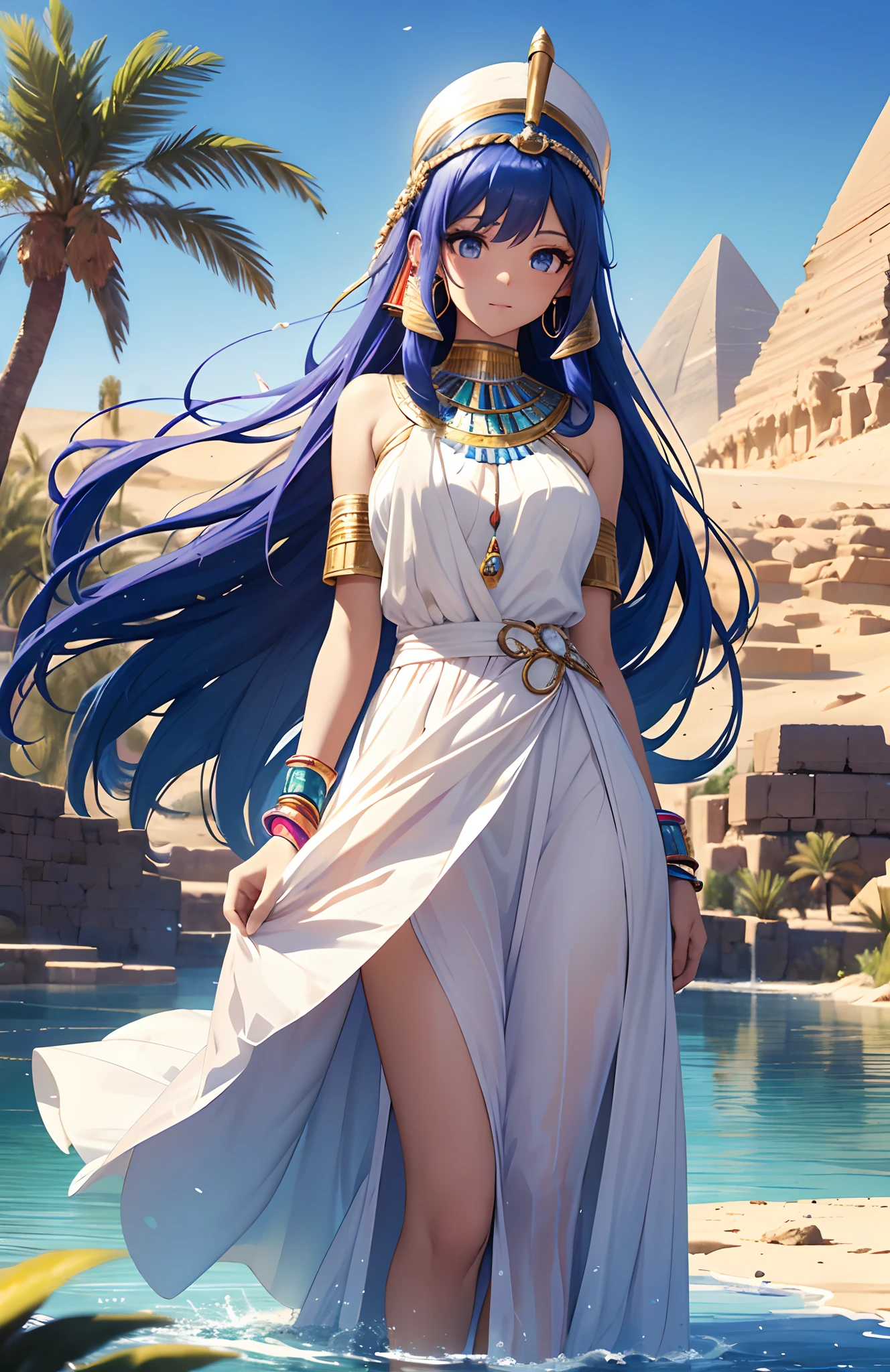 best qualityer，tmasterpiece，Ultimate resolution，downy，Extremely colorful，Colorful，Oasis background，Ancient Egyptian woman，Long azure hair，a matural female，Long white dress in Egyptian style，a white long skirt，Treading water，Desert oasis，Nile River，Normal posture
