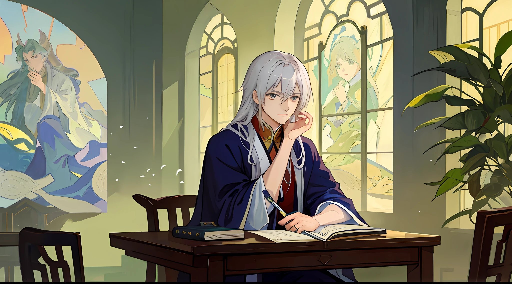 Anime boy sitting at table writing a book,beautiful character painting,flowing hair and long robes,Guvitz,Kurose Jinyao,Guviz-style artwork,Chen Lin,Ye Xin,white-haired god,Alphonse Mucha and Rostus