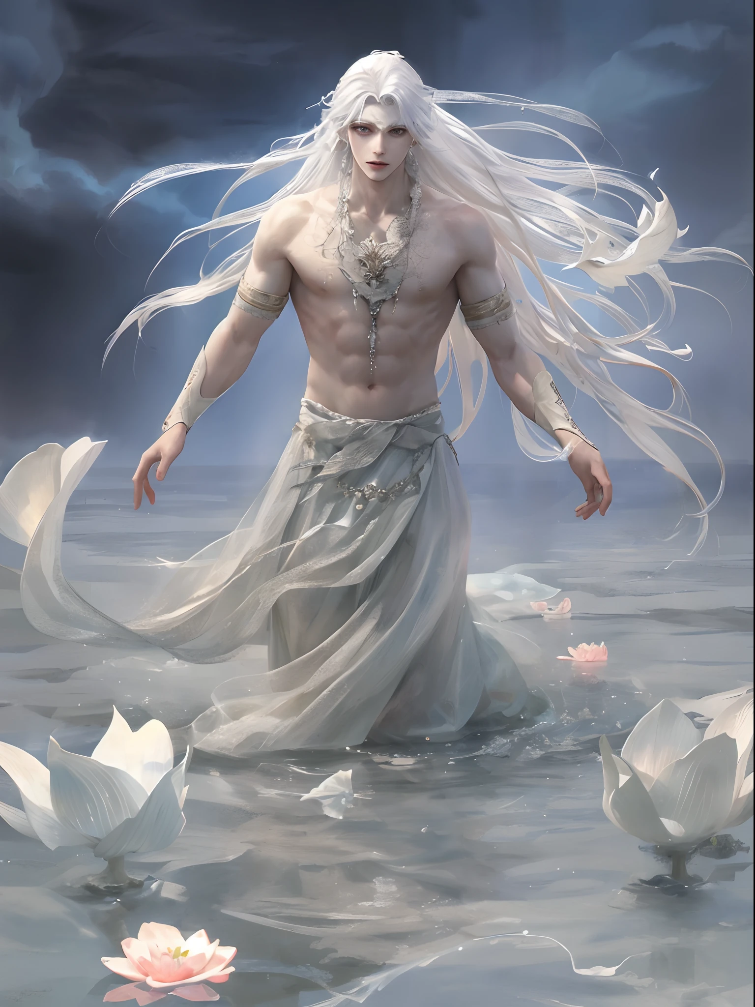 mtu，high and cold，cool guy，White Hanfu，paleskin，,,a white man has white hair in the water, in the style of fairy academia, light white and light aquamarine, ritualistic masks, gongbi, photo-realistic, womancore, meticulous