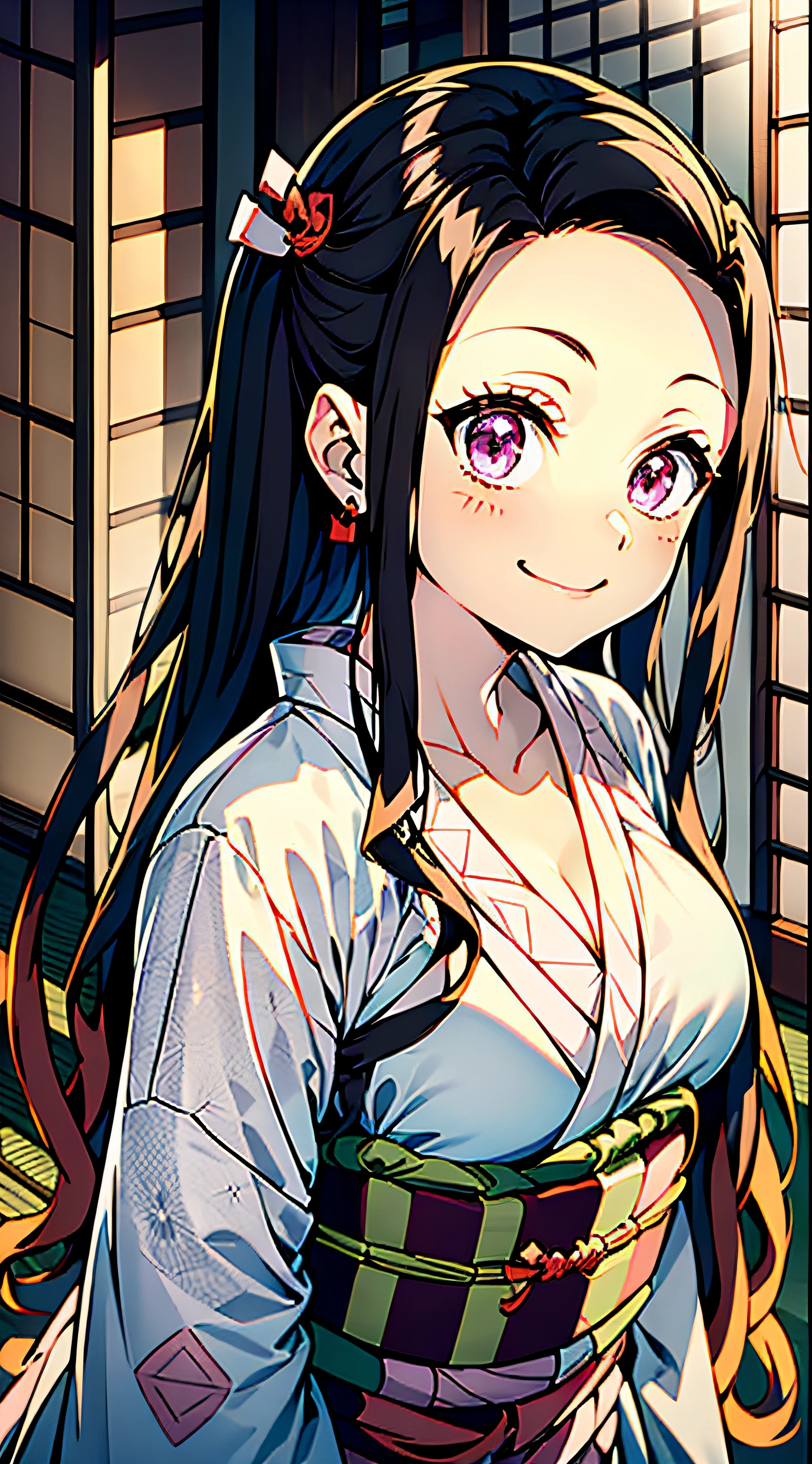 Wear kimono well、(masutepiece: 1.2), Best Quality, masutepiece, High resolution, Original, Highly detailed wallpapers, (super detailing), (Best Illustration), (better shadows), (Nezuko), Smile, blusher,  (perspiring), Under the breasts,